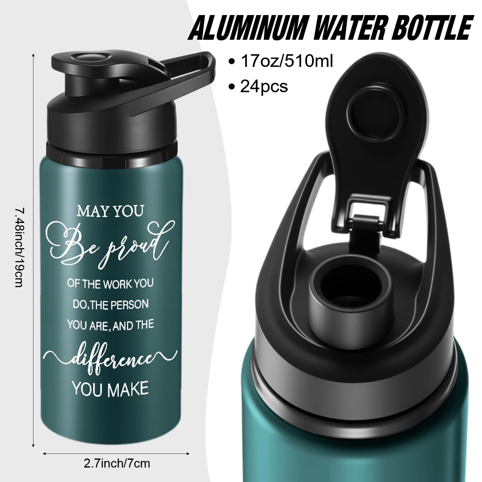 Bokon 24 Pack Thank You Inspirational Gifts Reusable Aluminum Water Bottle Bulk Lightweight Leakproof Metal Sports with Lid for
