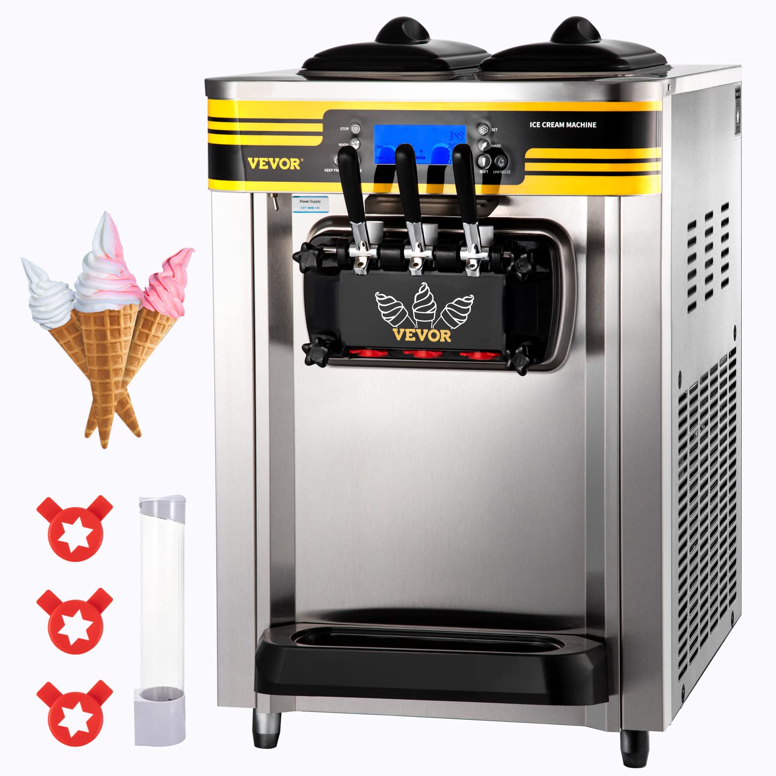 VEVOR Commercial Soft Serve Ice Cream Maker, 22-30L/H Yield, Countertop Machine with 2x6L Hopper 2L Cylinder LCD Panel Puffing S