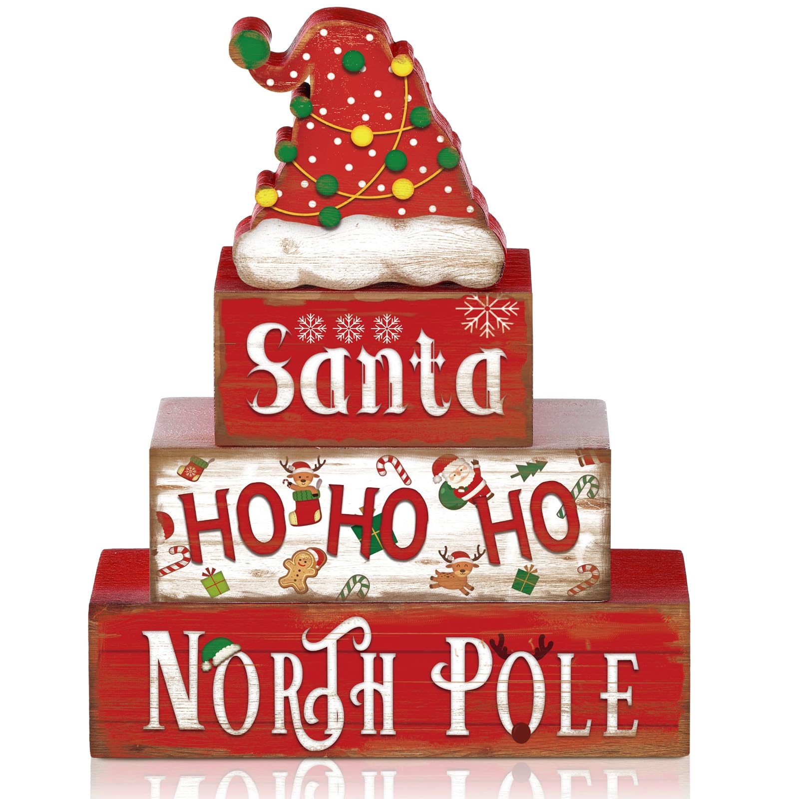 Moucuny 4 Pcs Christmas Table Decorative Signage Santa Hat Ho Ho Ho Wooden Blocks Christmas Tabletop Decor Wooden Block Sign Tie