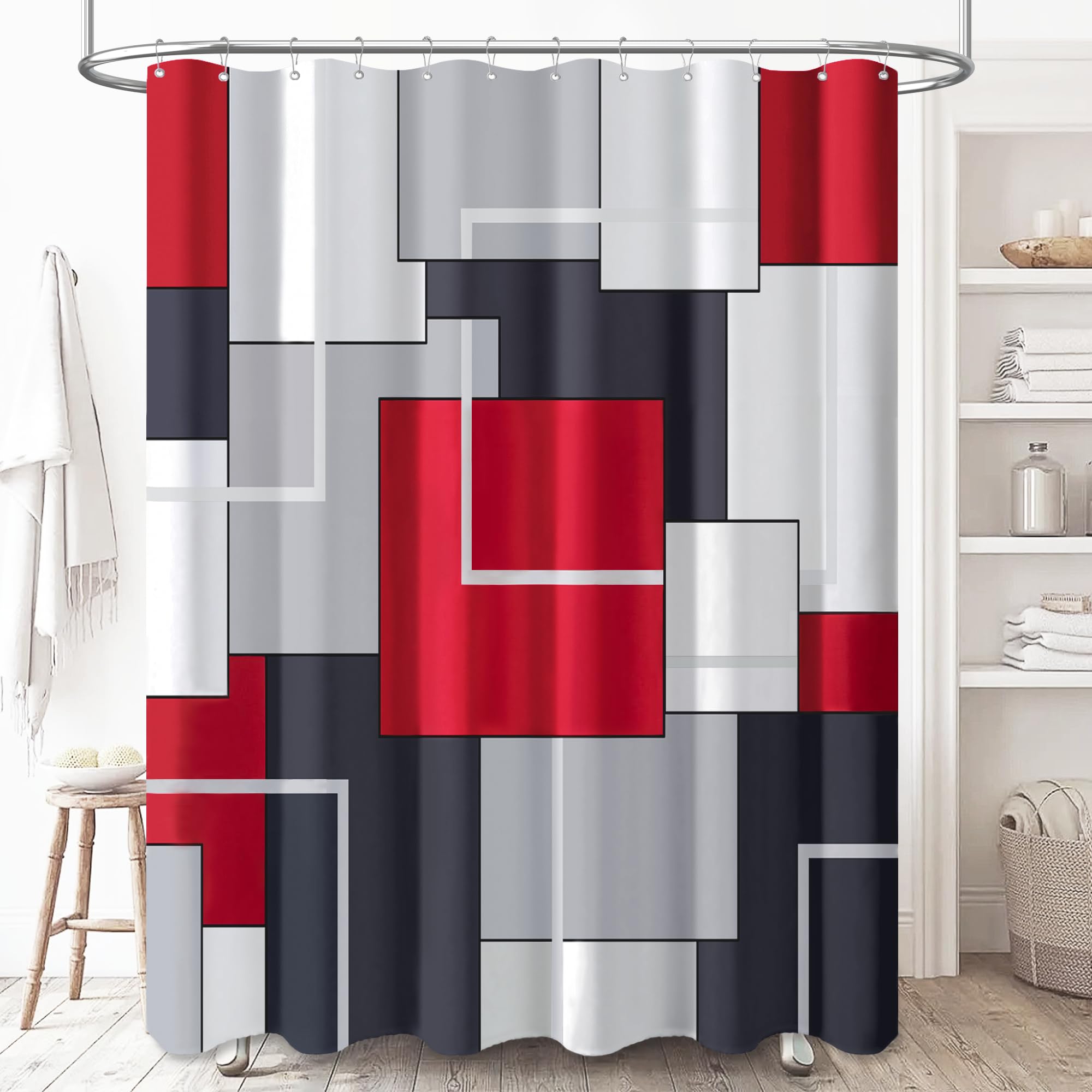 Bttn Stall Fabric Shower Curtain - 36 X 72 Inches Small Geometric Cloth Shower Curtain Set With 6 Plastic Hooks, Weighted Hem, N