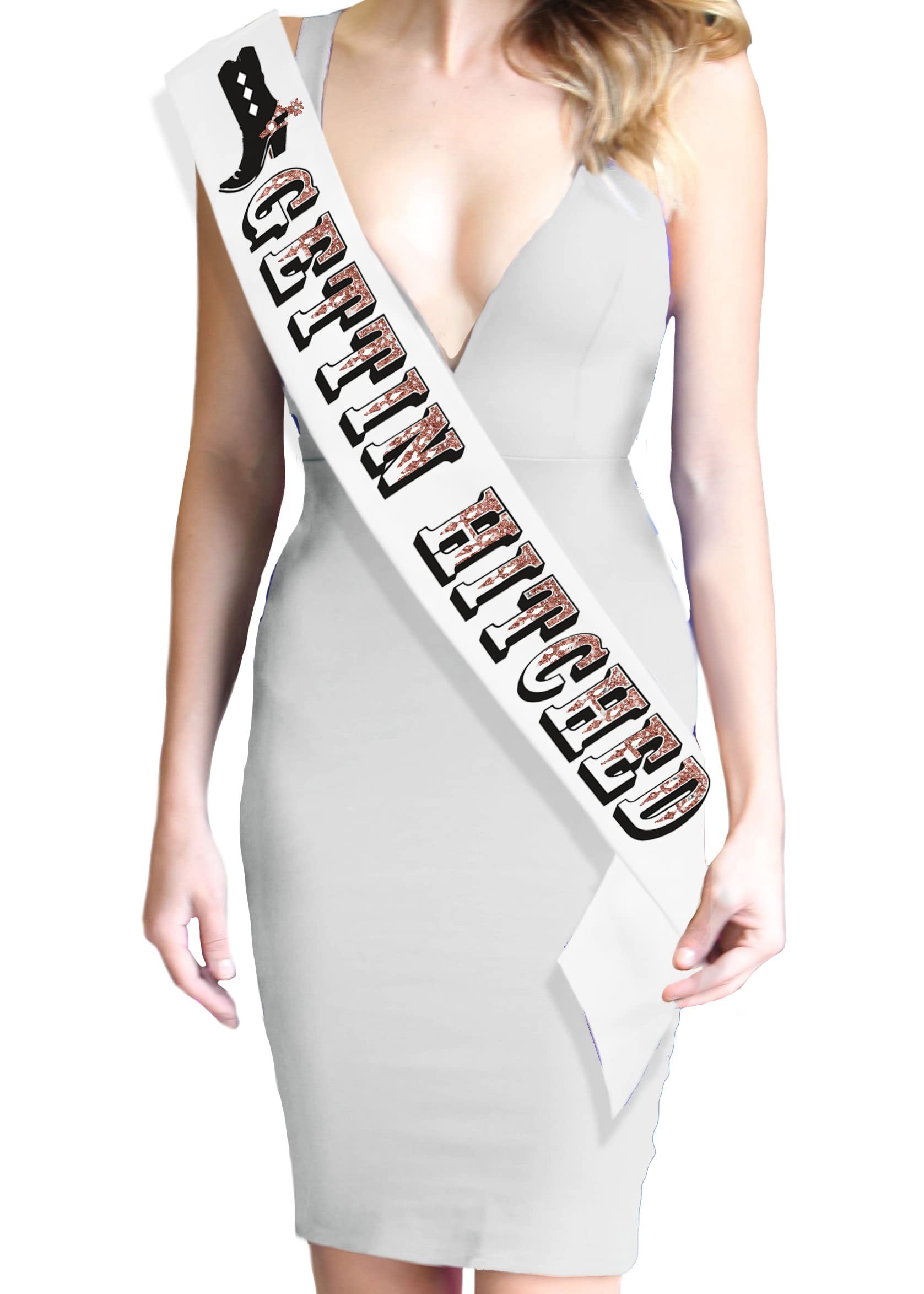 Country Bride Sash - Gettin Hitched Rose Gold Sparkle White Bridal Grade Satin Sash - Cowgirl Bachelorette Party Gift - White Sa