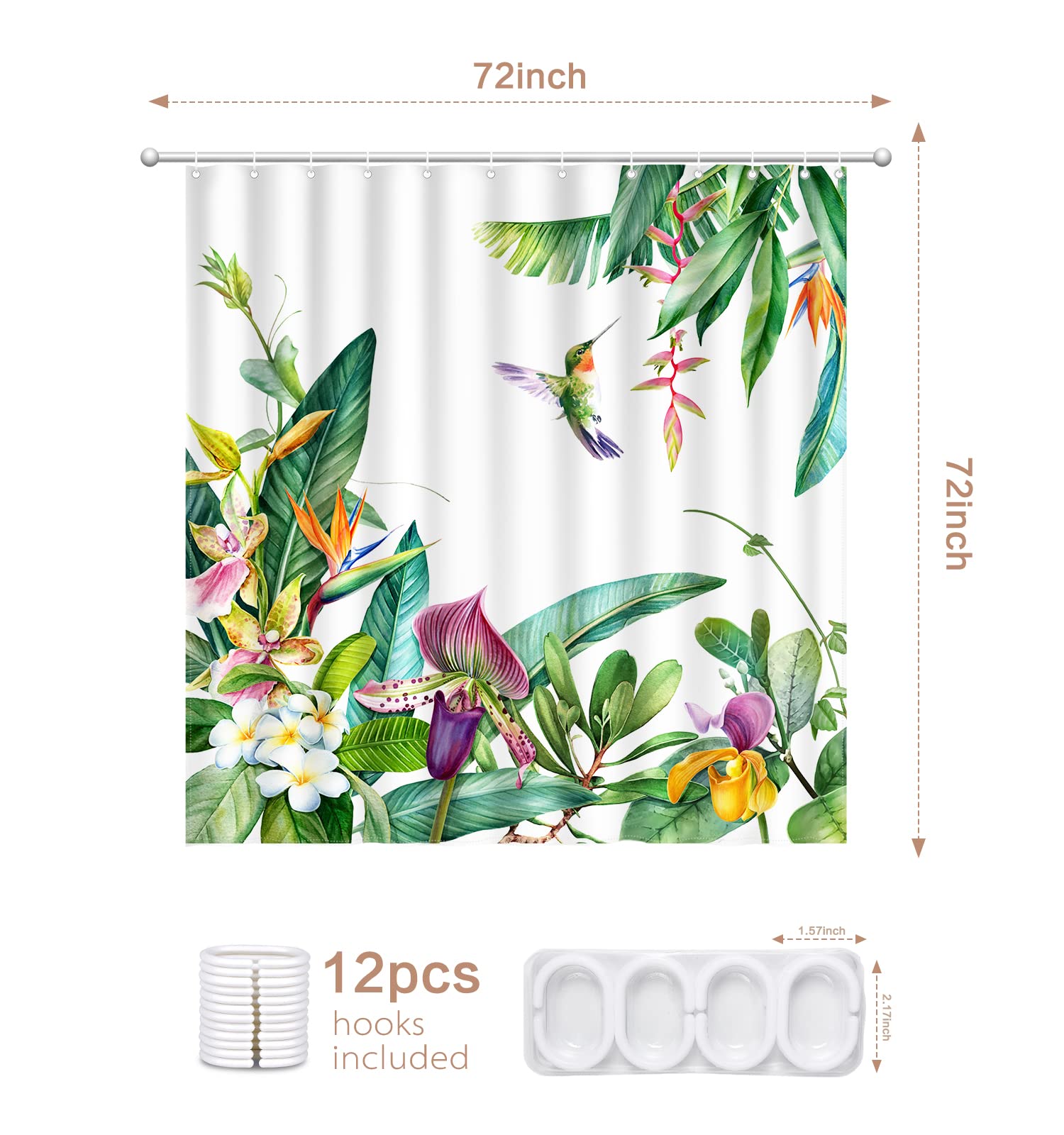 Shower Curtain Green Plants, Hummingbird Shower Curatin Waterproof Polyester Quick-Drying Shower Curtain Set For Bathroom 72X72