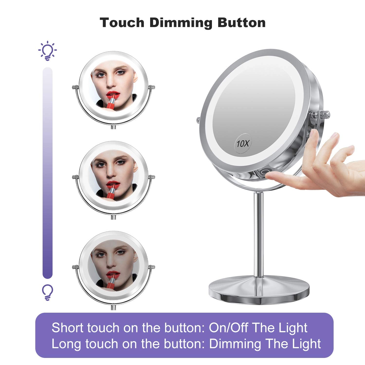 Gospire Led Makeup Mirror 1X/10X Magnifying With Touch Screen Adjustable Led Light, 7'' Lighted Vanity Swivel Mirror Double Side