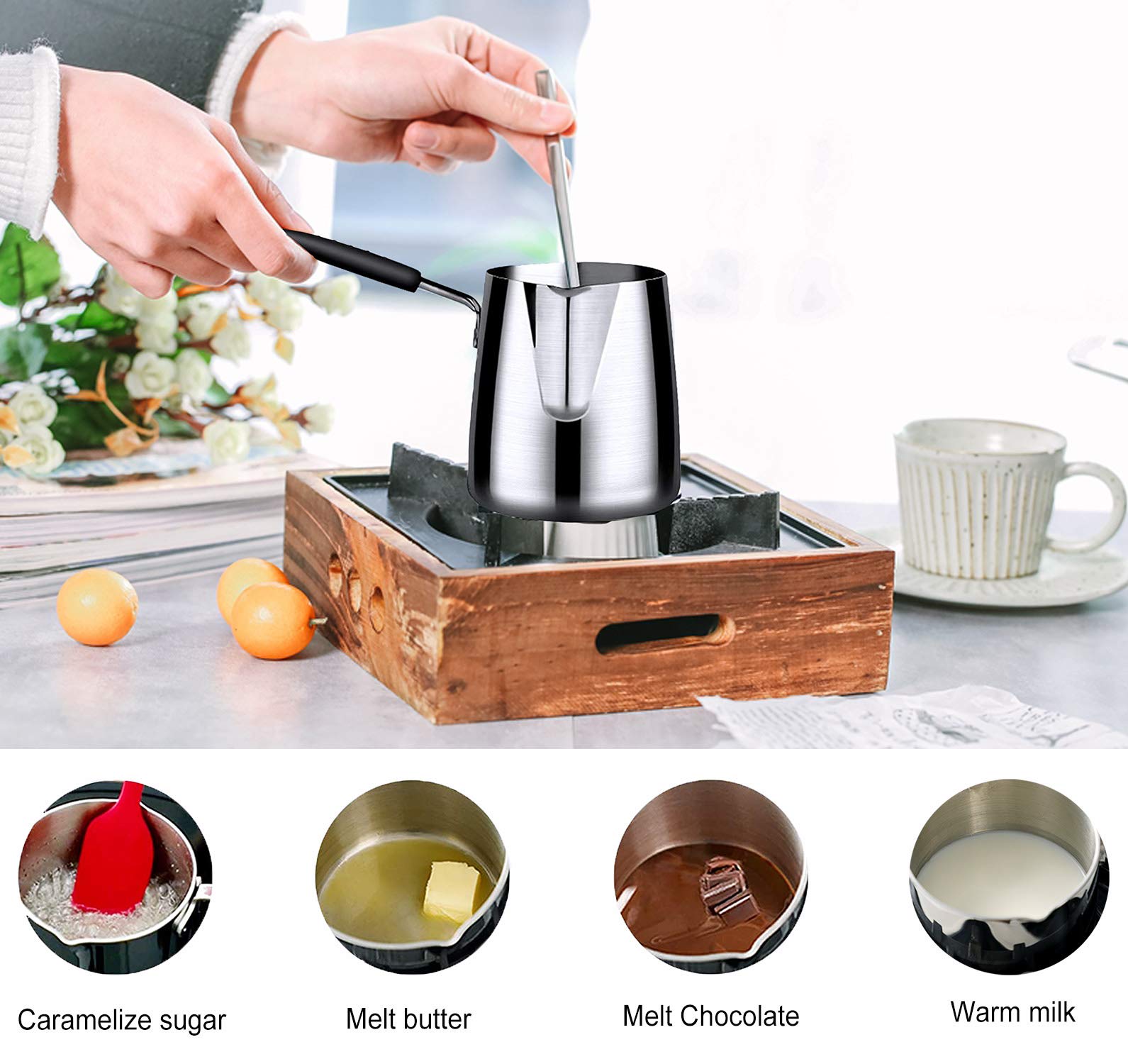 Turkish Coffee Pot, Stainless Steel Milk And Coffee Warmer, Ibrik Cezve Arabic Briki Coffee Pot, Chocolate And Butter Melting Po