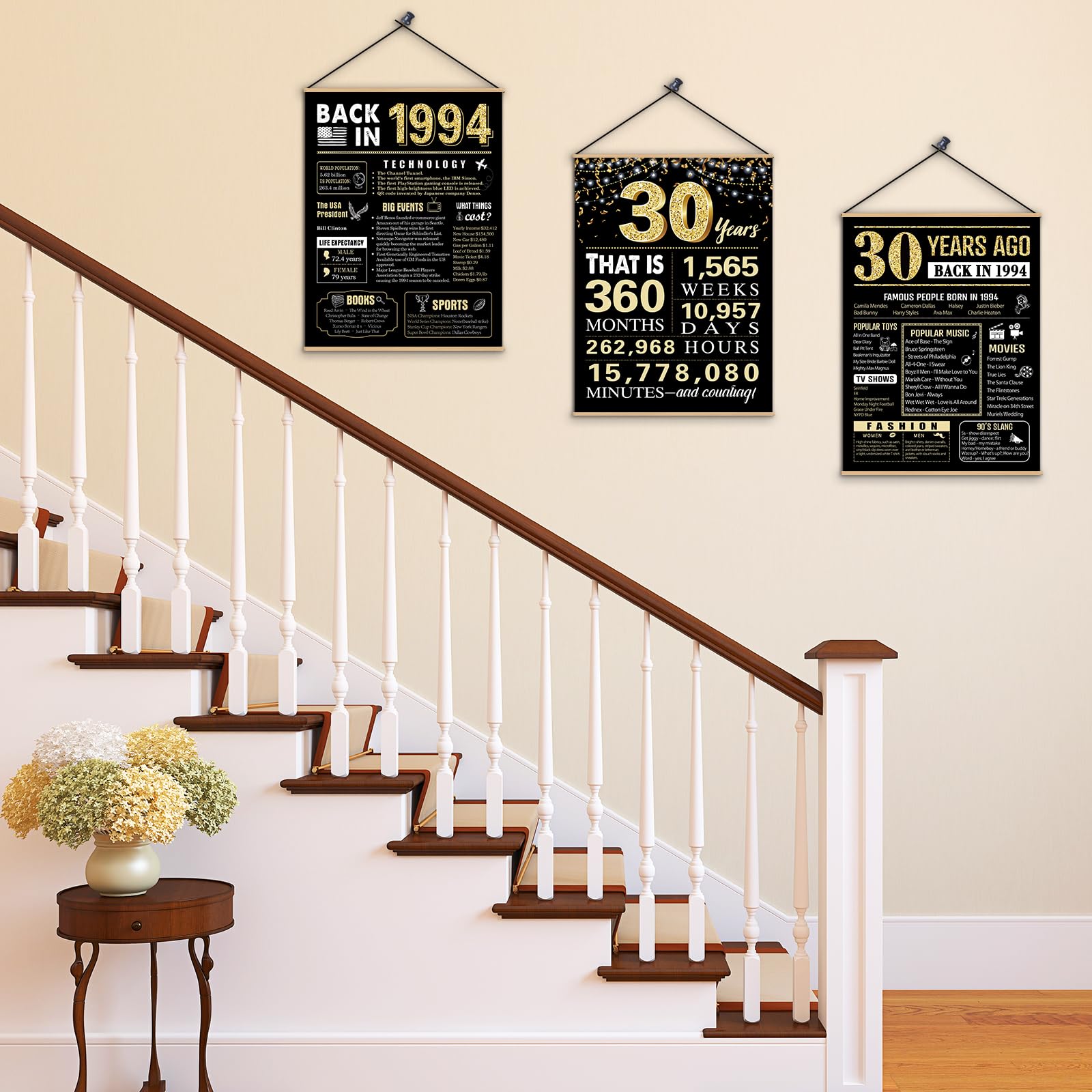 30 Years Ago 30th Birthday Wedding Anniversary Poster 3 Pieces 11 x 14 90s Party Decorations Supplies Large Sign Home Decor Black & Gold Wall Art Prints for Men and Women (Back in 1994-30 Years)