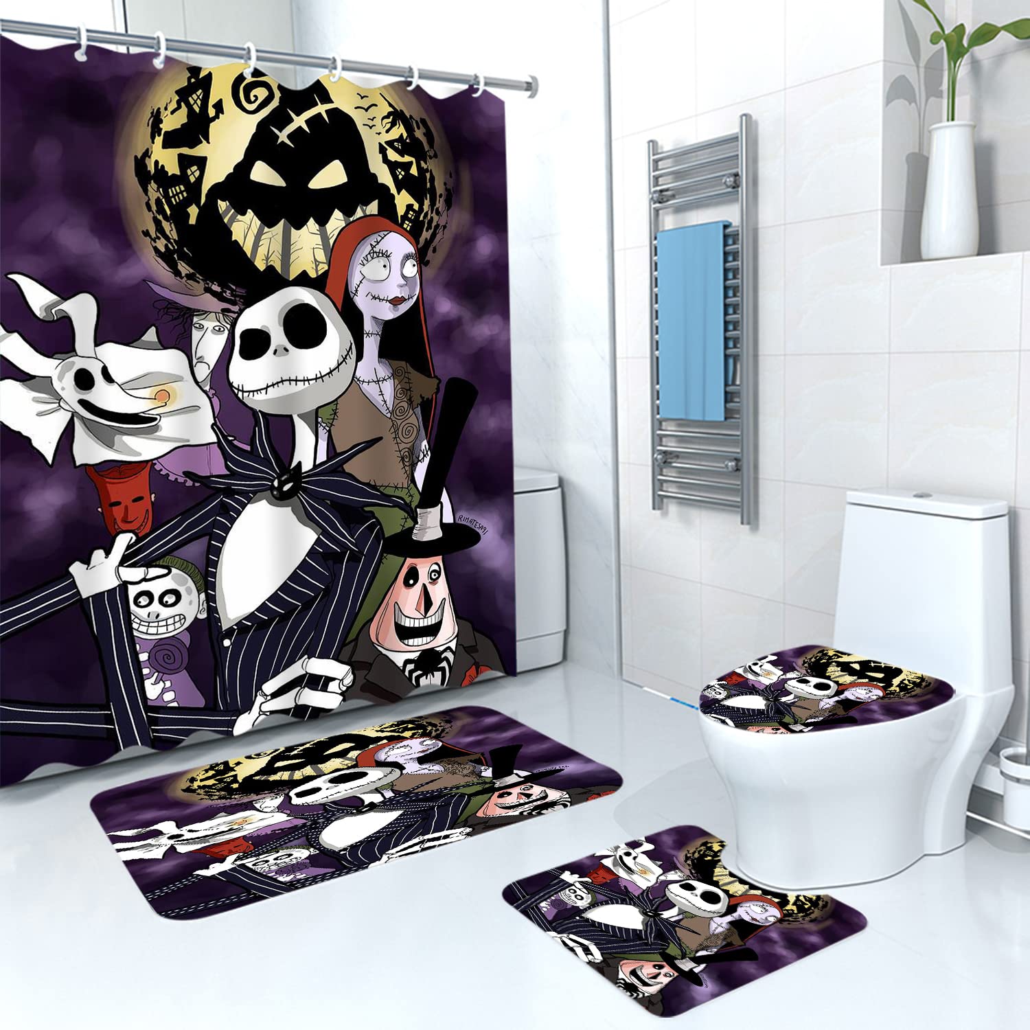 Dds-Dudes 4Pcs Christmas Shower Curtain Sets Kids Bathroom Halloween Christmas Decor With 12 Curtain Hooks For Bathroom, Waterpr