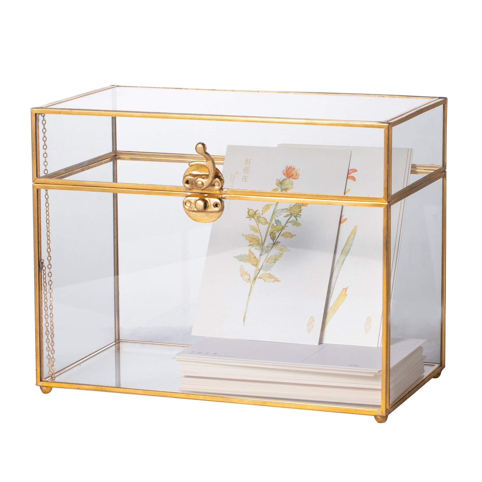 NCYP Small Glass Card Box with Lid for Wedding Reception - 9.8  x 5.6  x 7.7  - Rectangle Storage Terrarium for Party Wishwell K