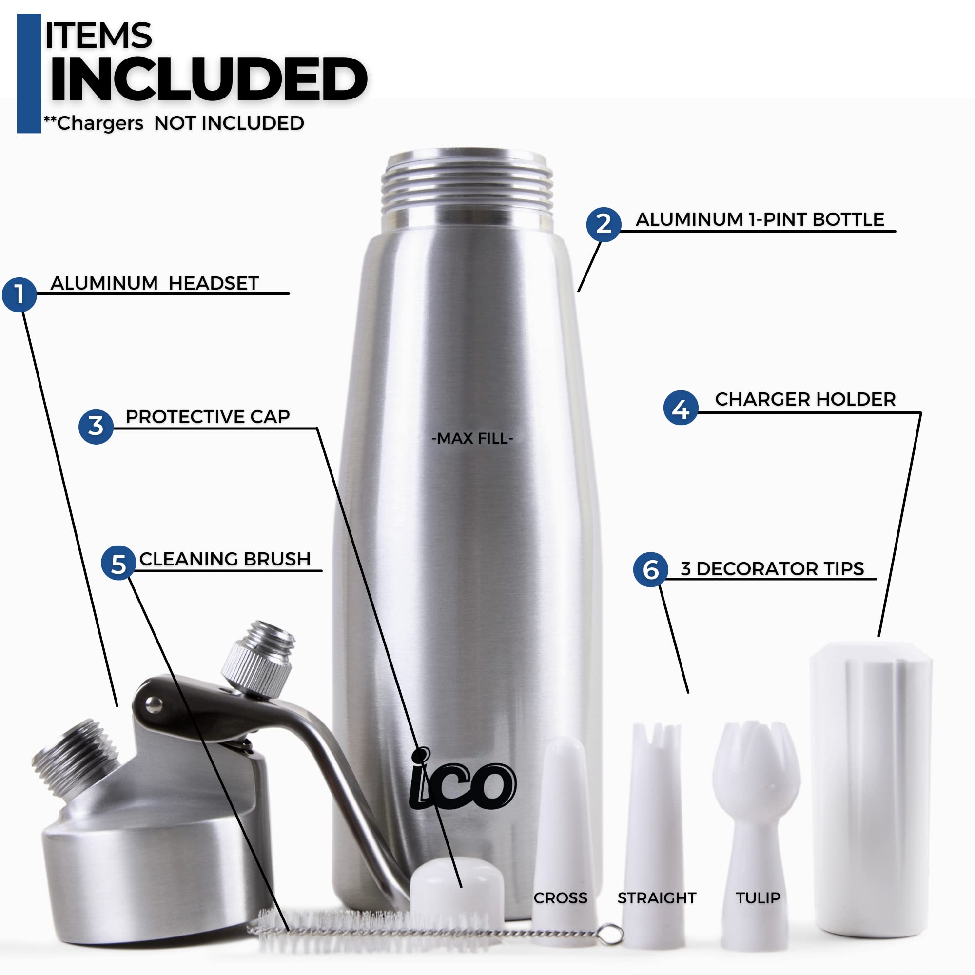 ICO Professional Aluminum Whipped Cream Dispenser for Homemade Whipping Cream  Whipped Cream Maker for Desserts  Dips  Sauces  and Infused Liquors  1-Pint
