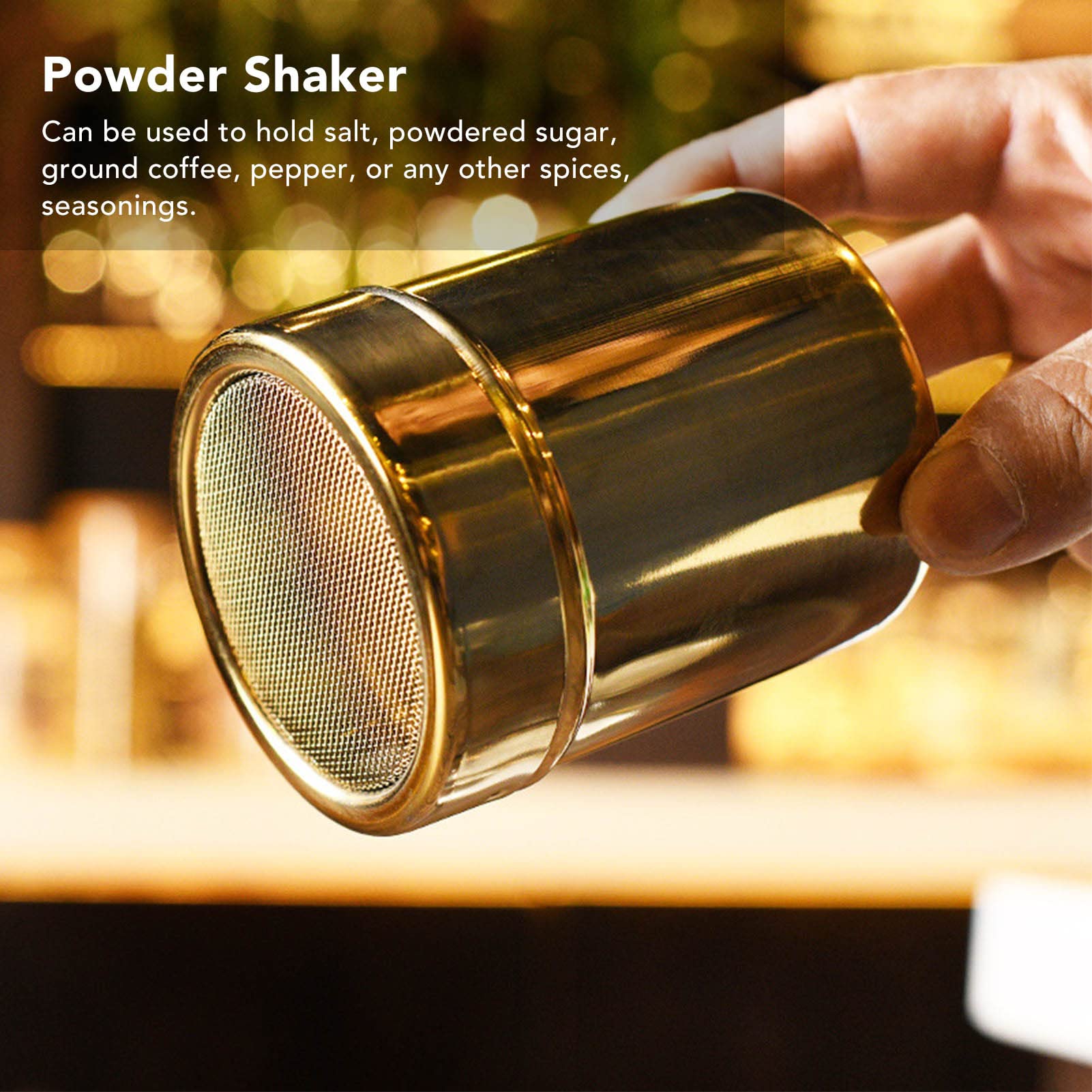 Pwshymi Powder Shaker, Salt And Pepper Shakers Stainless Steel Resnce Gold Fine Mesh Powder Sugar Dispenser Sugar Shaker Cinnamo