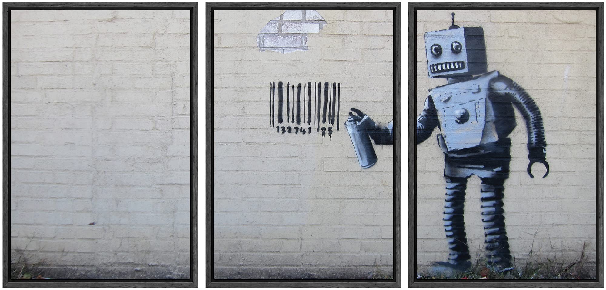 Wall26 - Robot Graffiti Banksy Street - Framed Canvas Art Wall Art - 24''X36''X3 Black