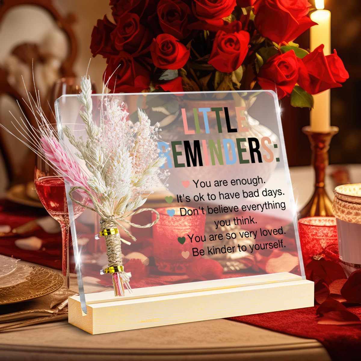 Inspirational Motivational Gifts Little Reminders You are Enough Clear Desk Decorative Sign, Bouquet Acrylic Sign With Wooden St