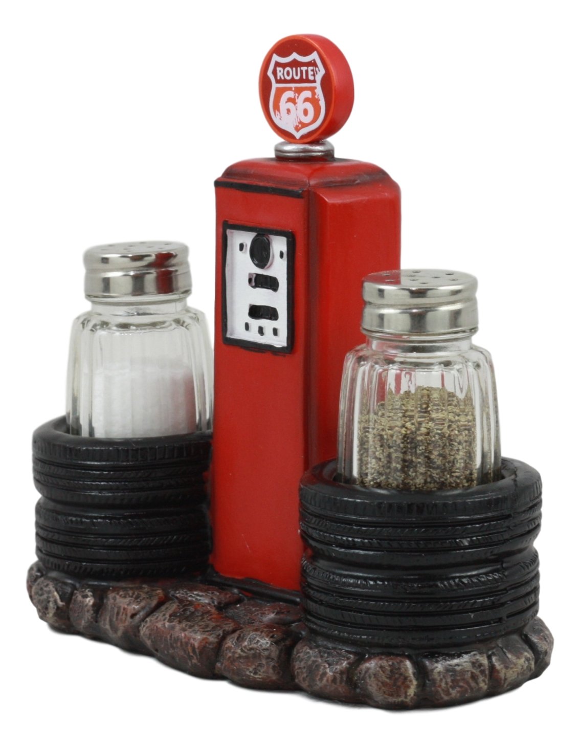 Route 66 Old Fashioned Gas Pump Station Salt Pepper Shaker Holder Figurine Cross Country Road Trip Lovers