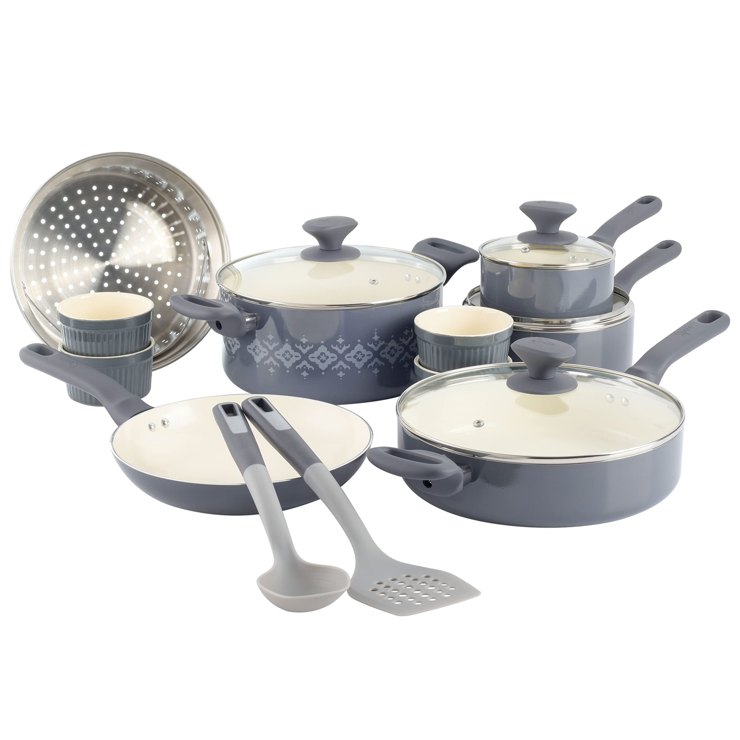 Spice by Tia Mowry Savory Saffron 16Piece Healthy Nonstick Ceramic Cookware Set  Grey