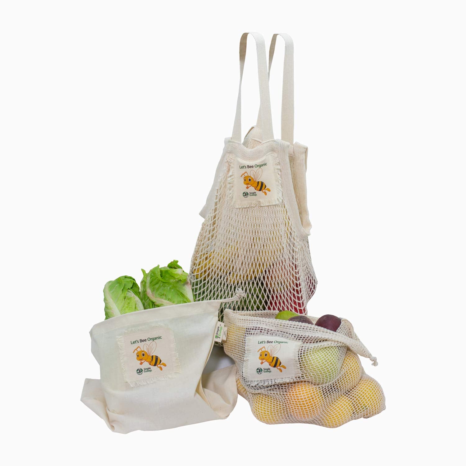 Simple Ecology Lets Bee Organic Cotton Reusable Honey Bee Gift & Starter Set (String Produce Saver Bags, Food Storage, Bulk Bin,