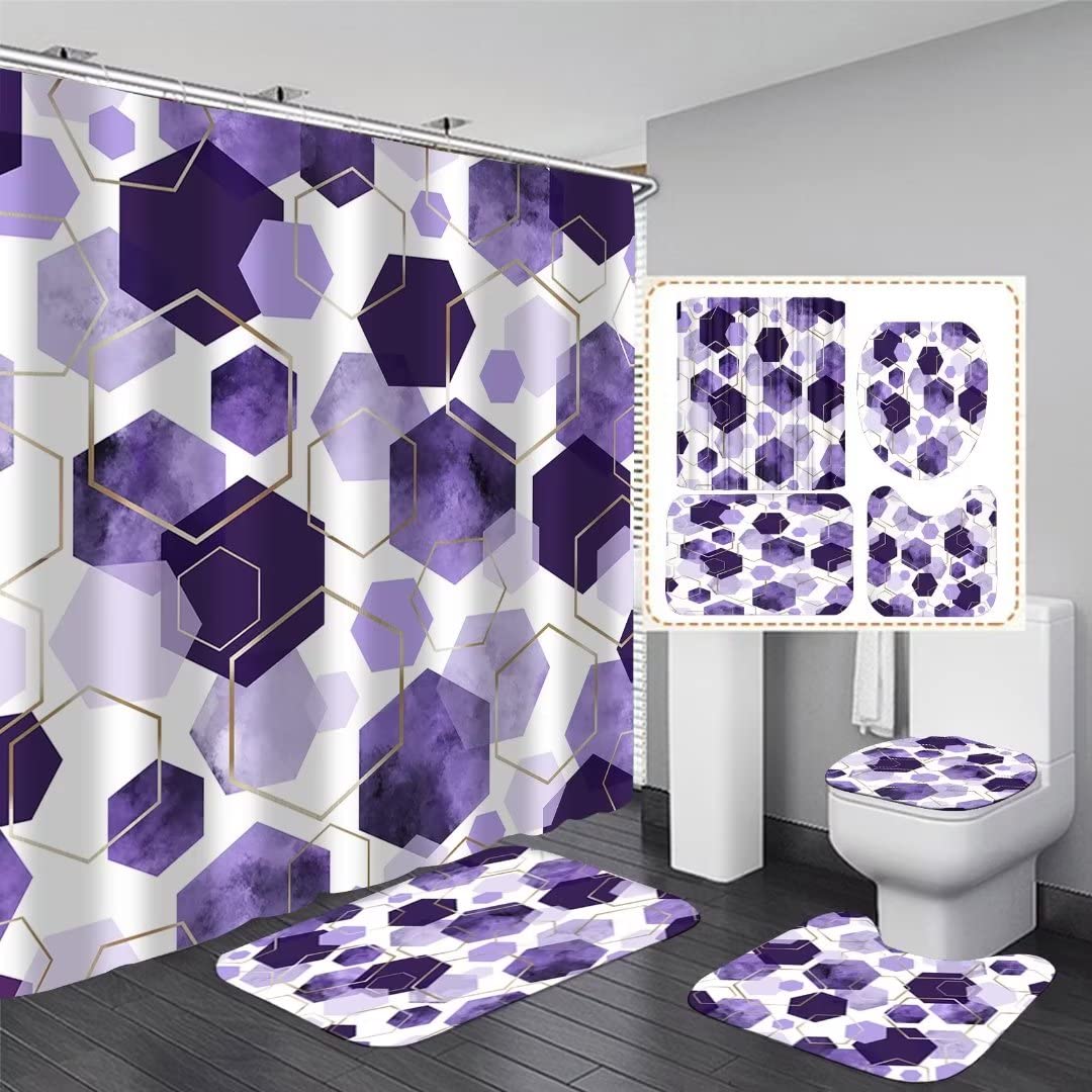 Lqcool 4Pcs Purple Shower Curtain Set Marble Grain Geometric Bathroom Set Lavender Abstract Bathroom Curtain Set With 12 Hooks,