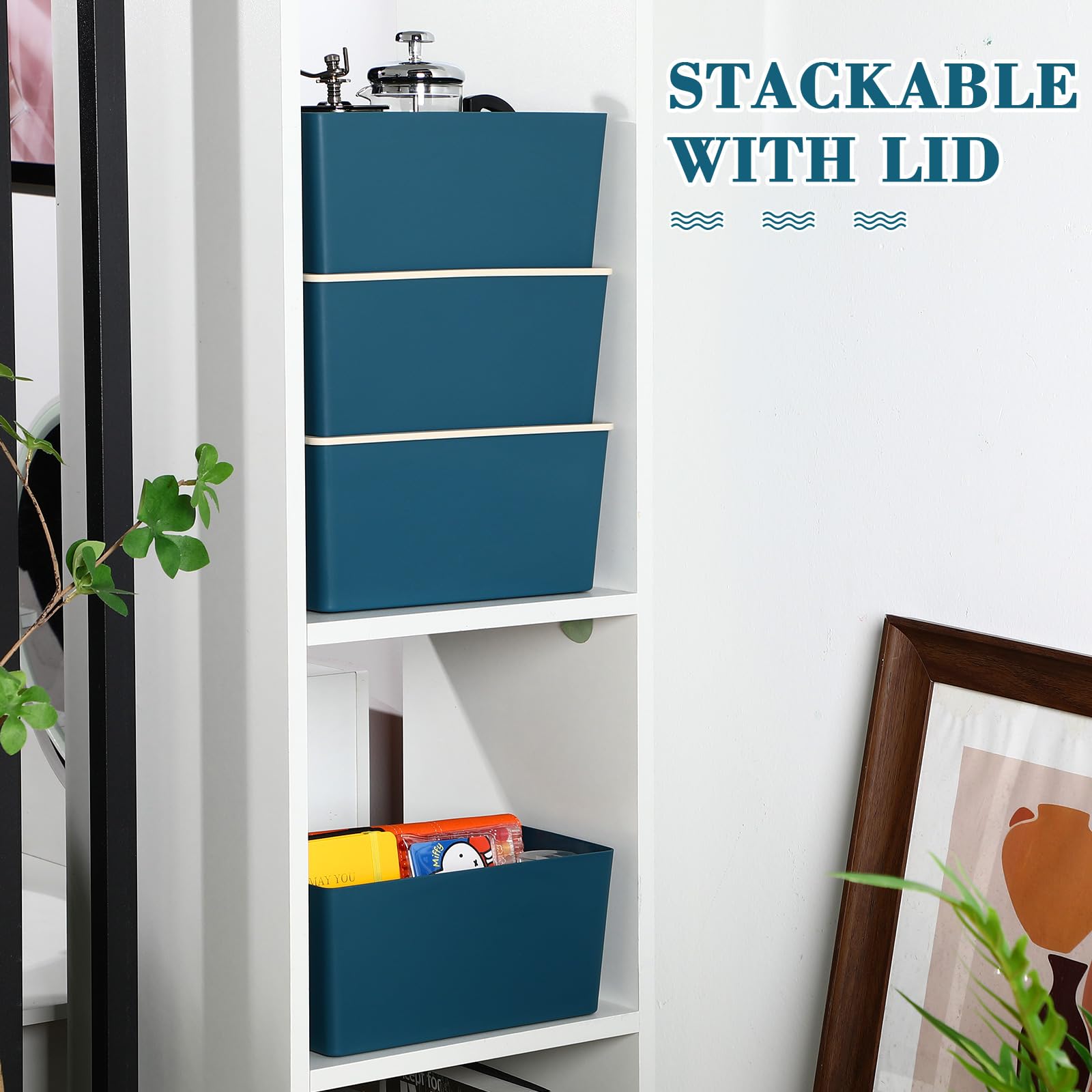 Menkxi 4 Pcs Storage Bins With Lids Plastic Storage Containers Stackable Storage Box Baskets For Organizing Shelves (Beige, Blue