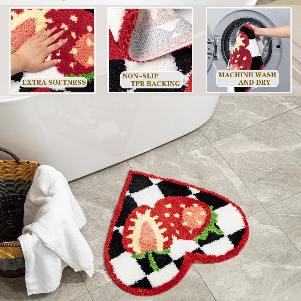 Fruit Strawberry Bath Mat For Bathroom, Cute Bathroom Mats Non Slip Heart Shape Bathtub Rug Plush Shower Bath Rugs Absorbent Bat
