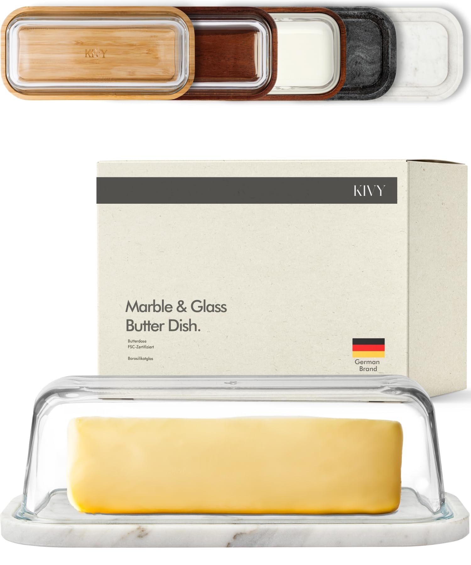 KIVY Butter Dish (White Marble & Glass) - For countertop and refrigerator door shelf - Marble butter keeper - Stone butter dish 
