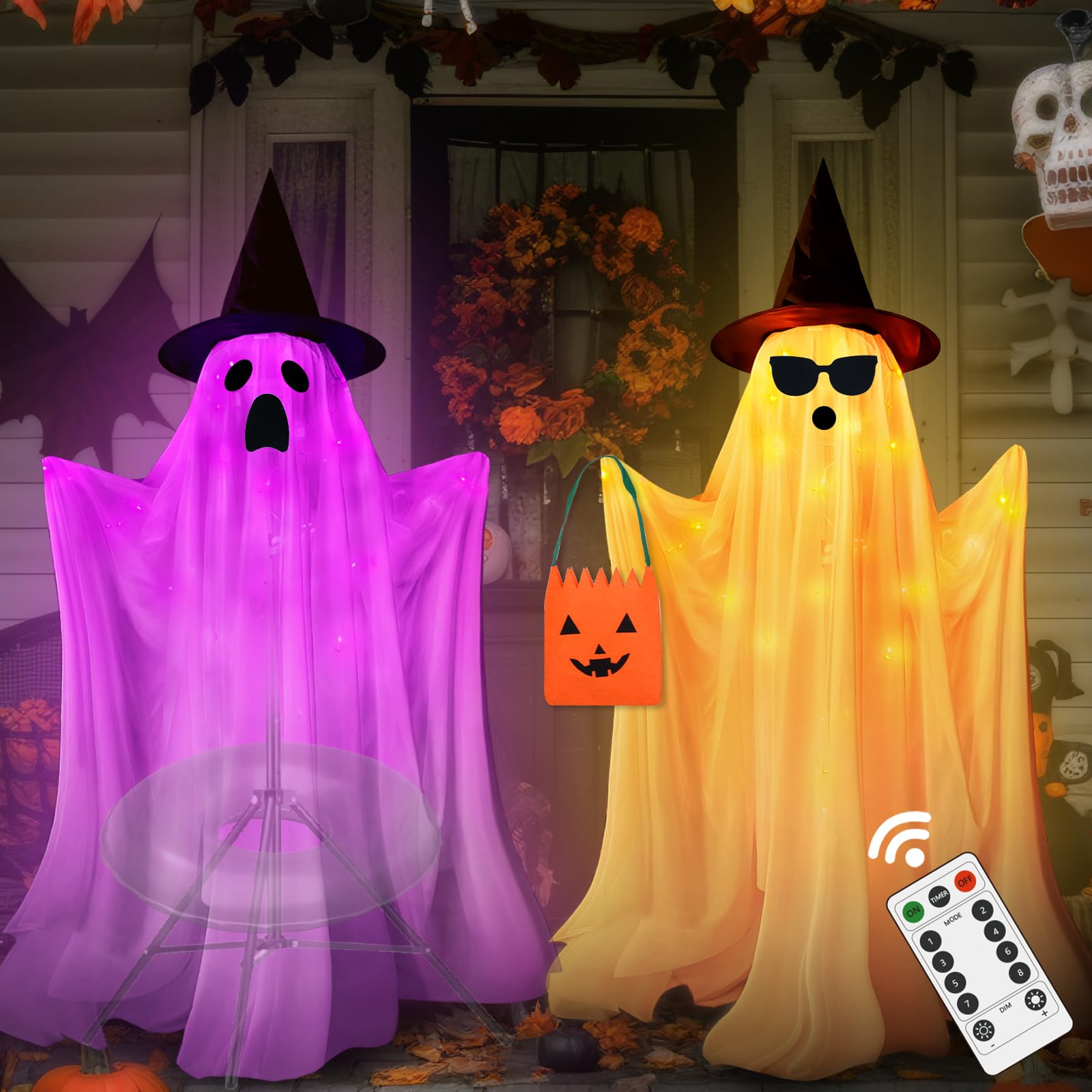 Halloween Decorations Outdoor Indoor- 2 Packs Large Light Up Ghost, Standing Ghost Decor with Weight Bags, 8 Modes Remote Ghost 