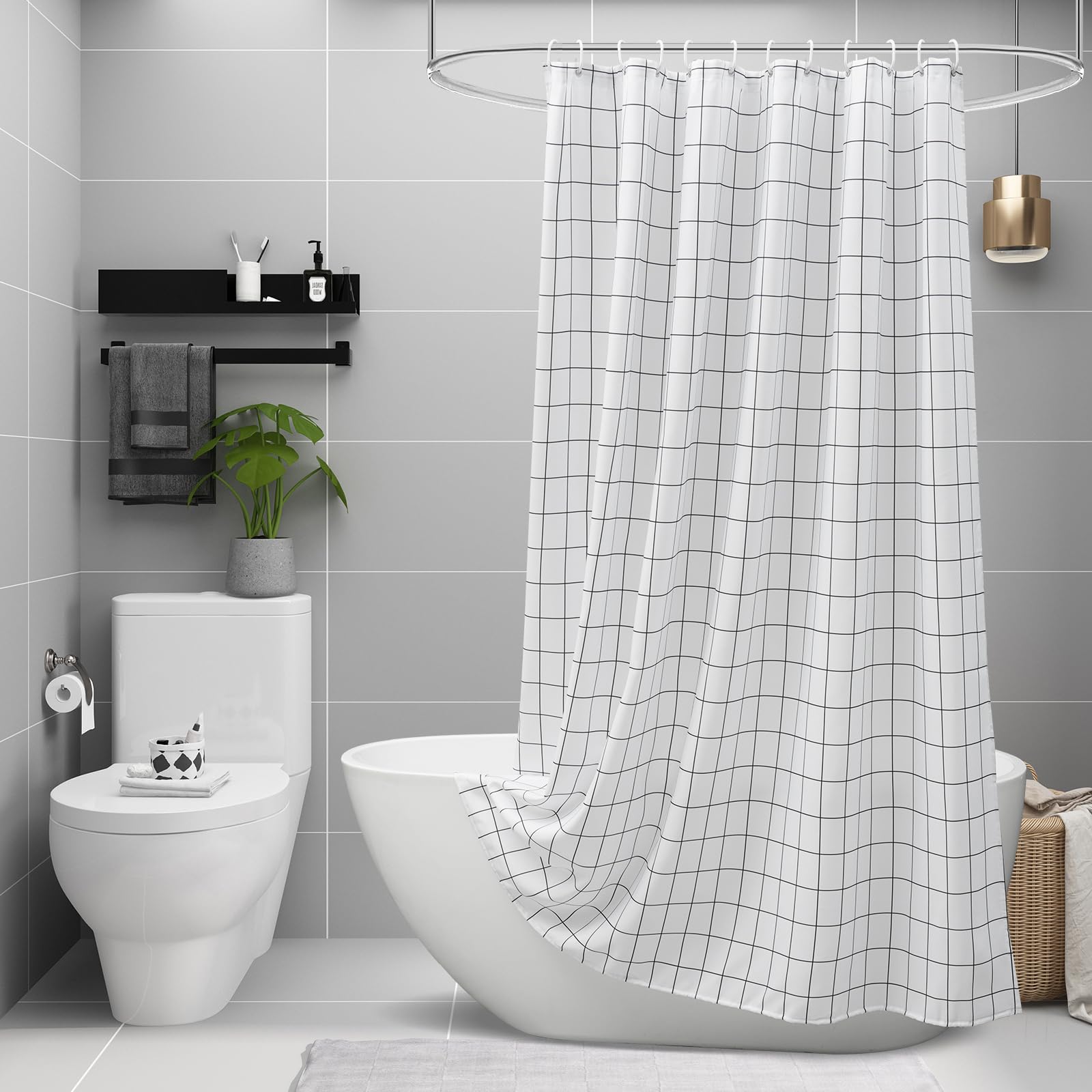 Aoohome Extra Long Black And White Shower Curtain, 72X78 Inch Geometric Plaid Pattern Fabric Bathroom Curtain With Hooks, Heavy