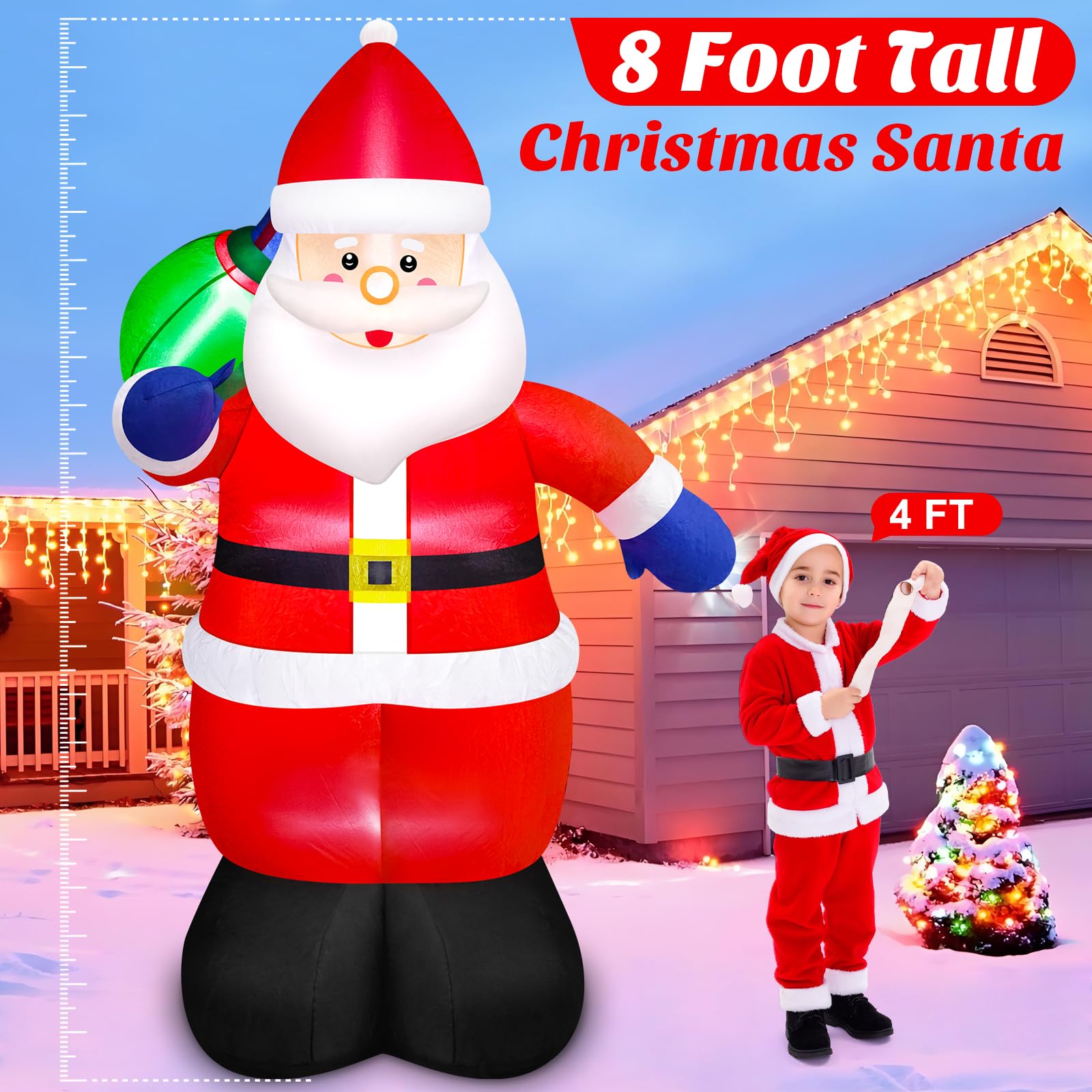 Danxilu 8 FT Christmas Inflatable Santa Claus with Gift Bag Outdoor Decorations, Blow Up Giant Santa IP44 Weatherproof Xmas Deco