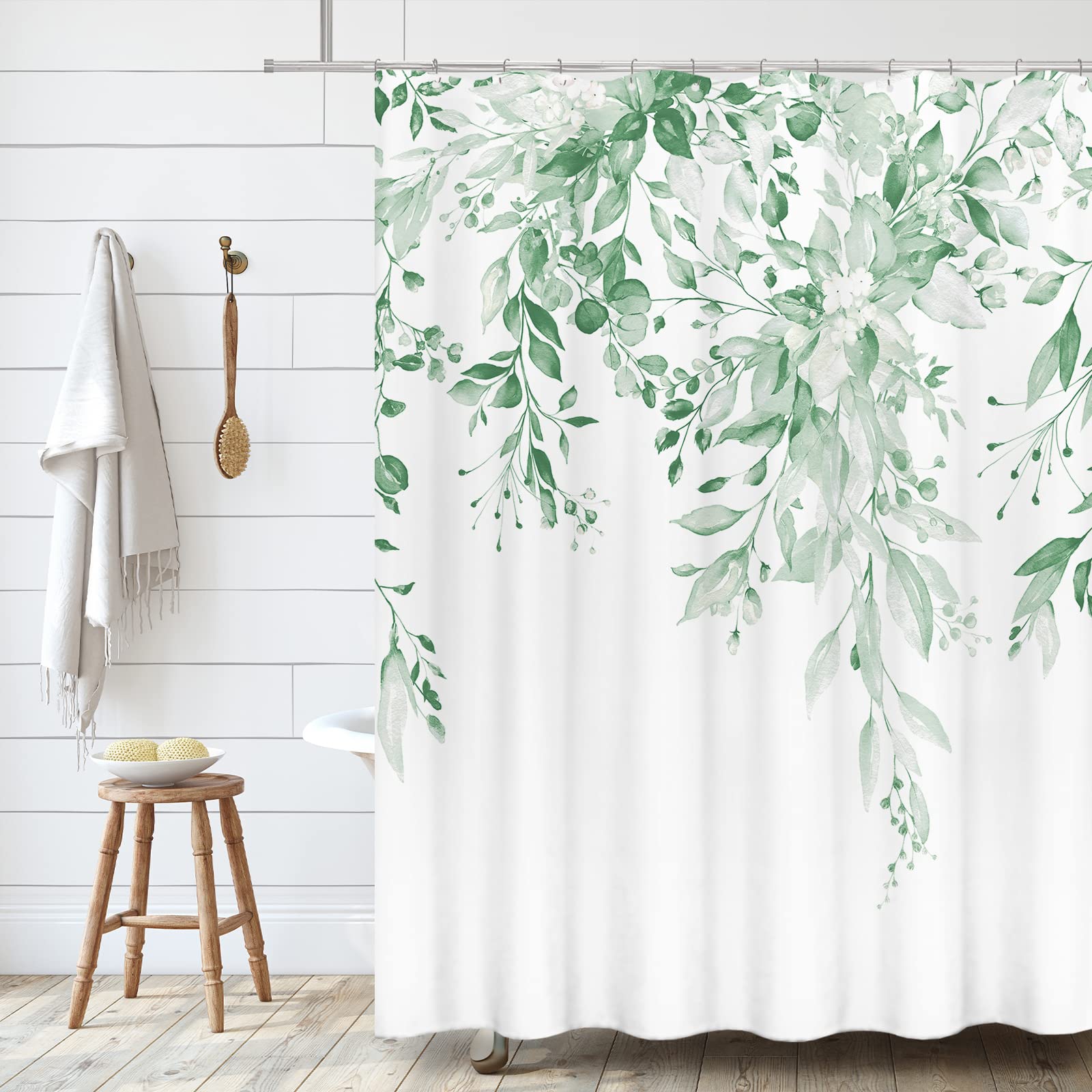 Tititex Mint Green Eucalyptus Shower Curtain Sets, Watercolor Leaves On The Top Plant With Floral Bathroom Decoration 60X72 Inch