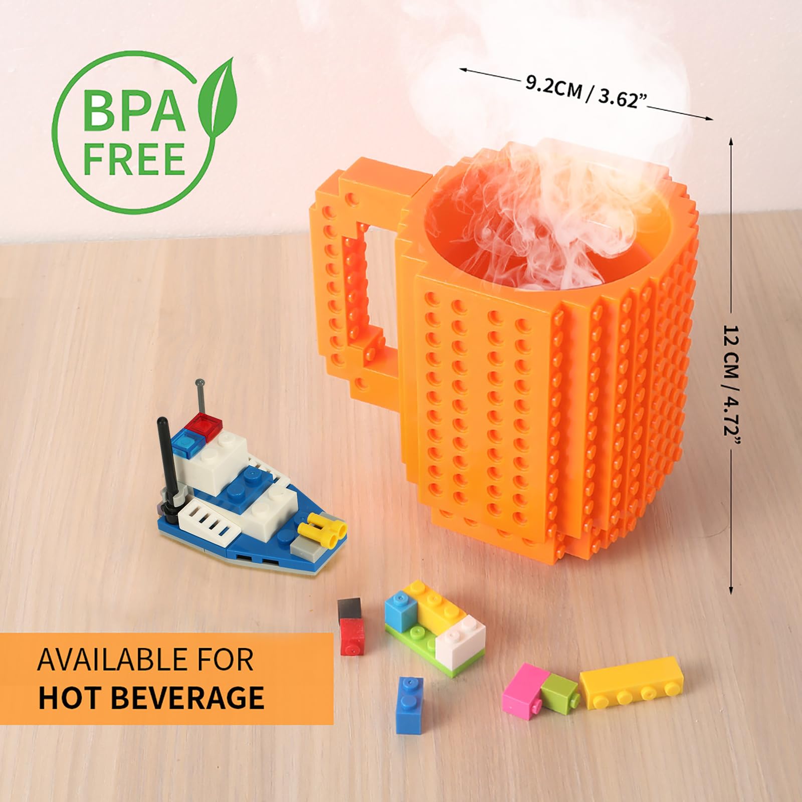 Lumsburry Build-on Brick Coffee Mug, 4 Piece Set, Plastic, Orange - Fun DIY Novelty Cup for Kids & Adults, Perfect Gift