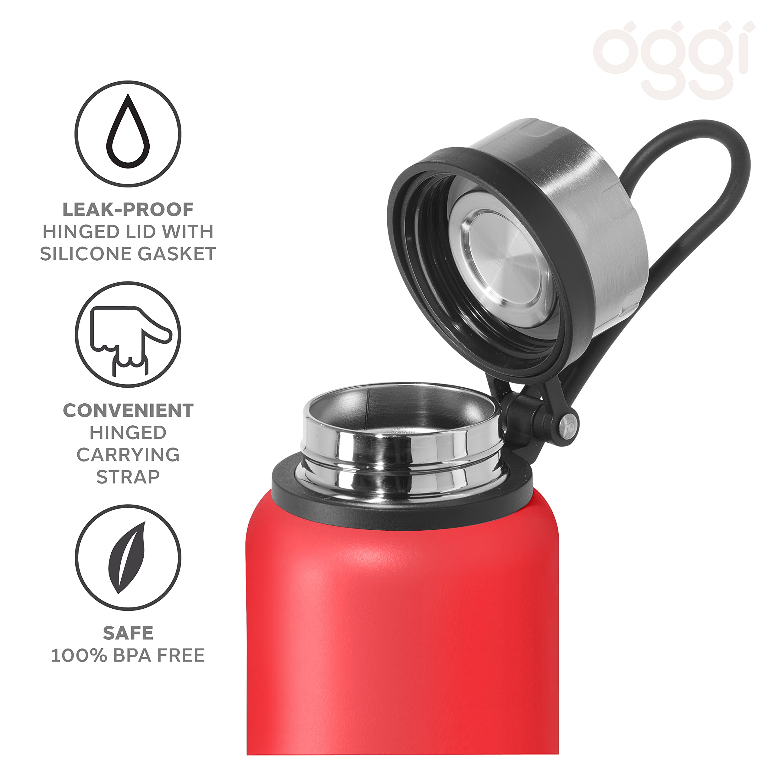 Oggi Terrain Insulated Stainless Steel Water Bottle - Large 32-Ounce Capacity, Also Suitable For Coffee & Hot Drinks, Red