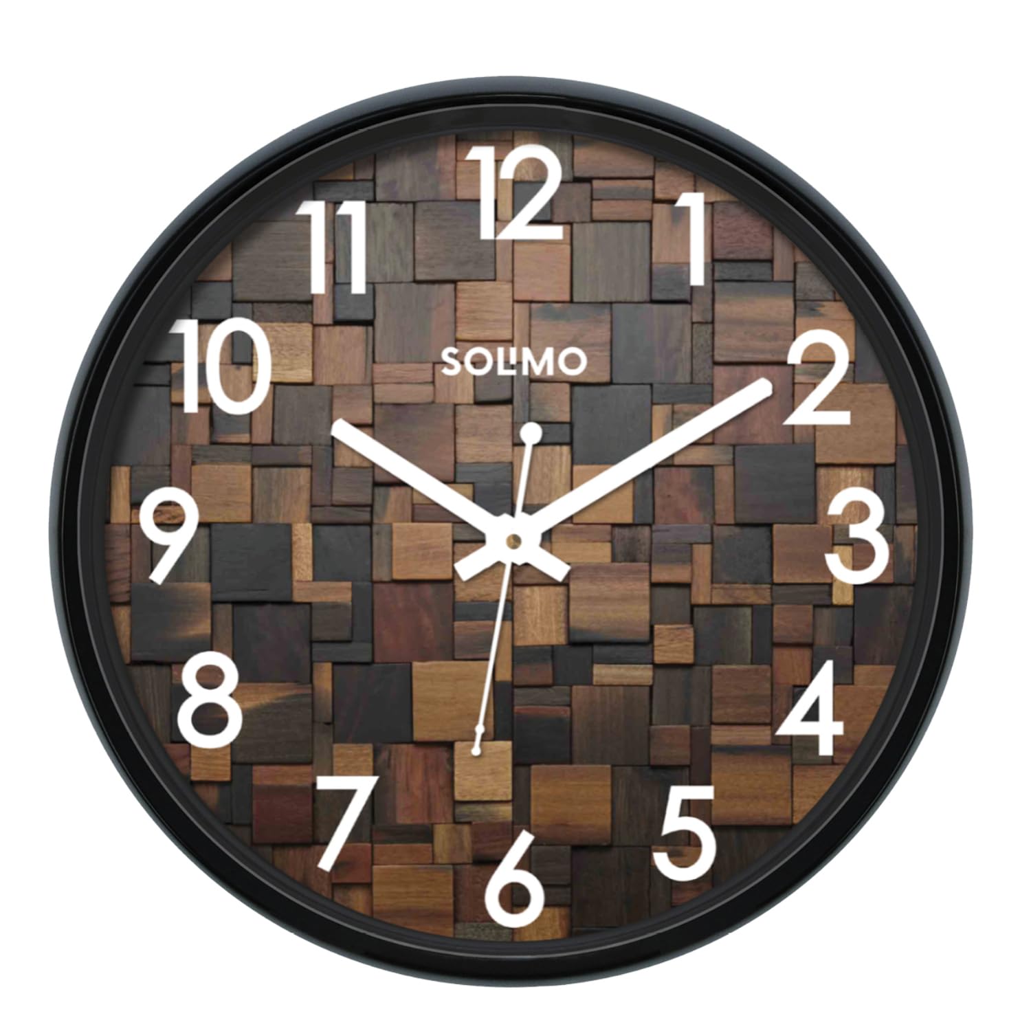 Amazon Brand - Solimo 12-Inch Plastic & Glass Wall Clock - Wood Craft (Silent Movement), Black