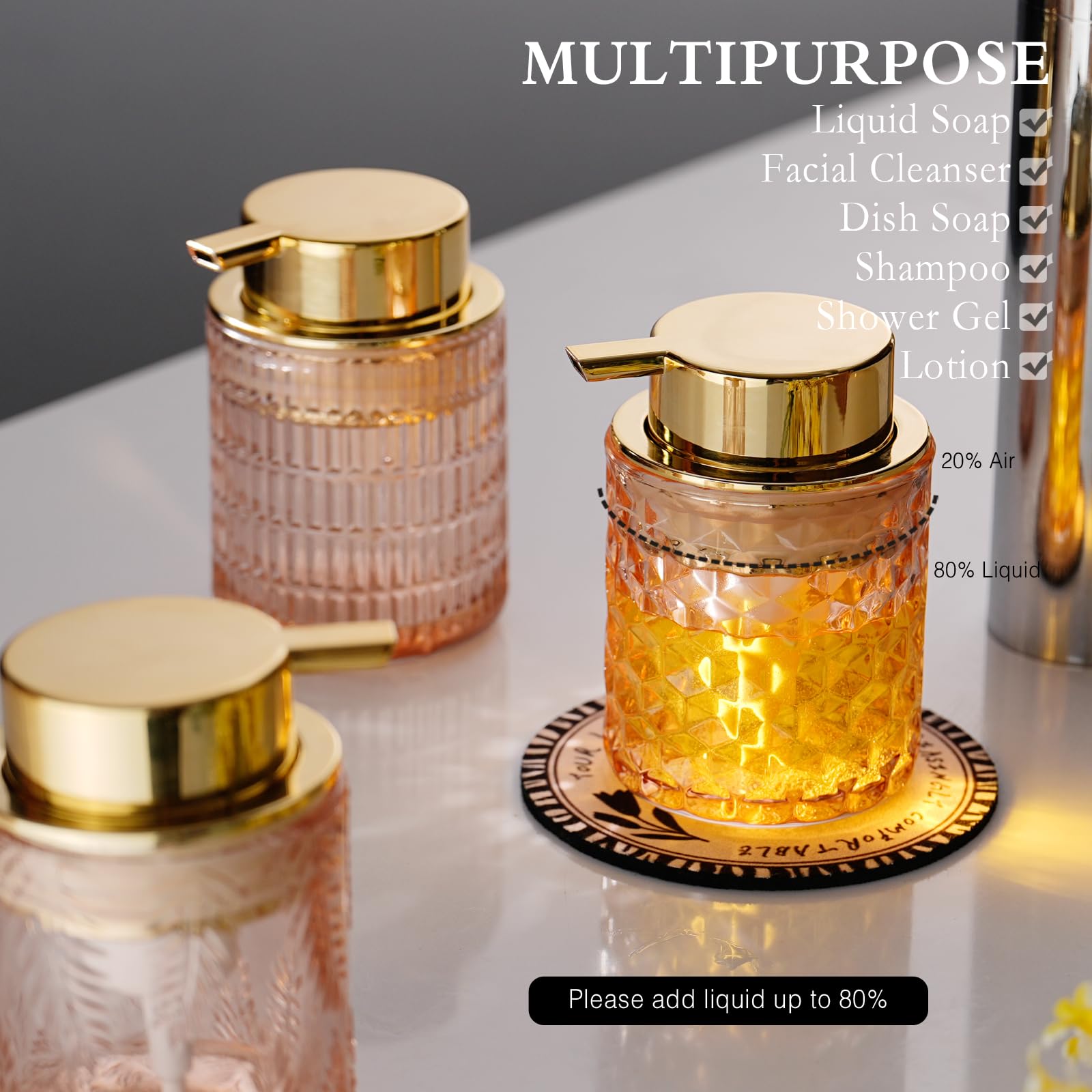 Cicufy Hand Soap Dispenser Glass, Refillable Liquid Dispenser For Bathroom & Kitchen,Lotion Dispenser With Large Gold Pump(Diamo