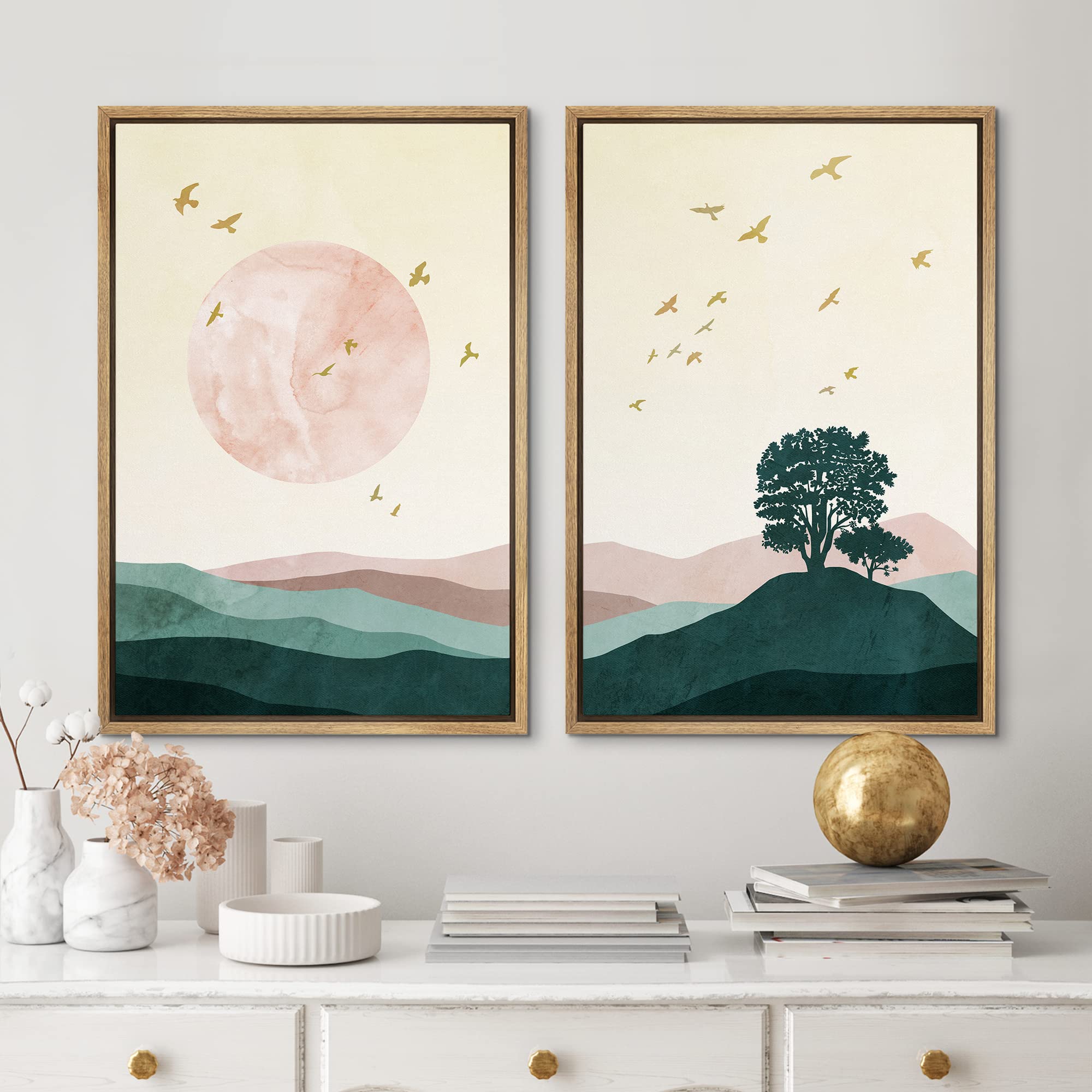 Mudecor Framed Wall Art Print Set Gold Birds And Pink & Green Gradient Mountain Landscape Nature Wilderness Illustrations Modern