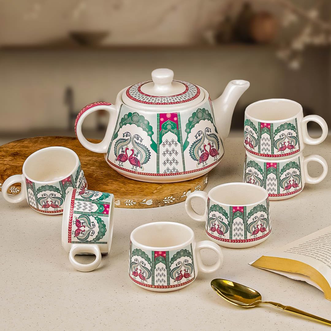 The Earth Store Peagal Handcrafted Ceramic Tea Set With Kettle Microwave And Dishwasher Safe Teapot Set 6 Tea Cups & 1 Kettle Se
