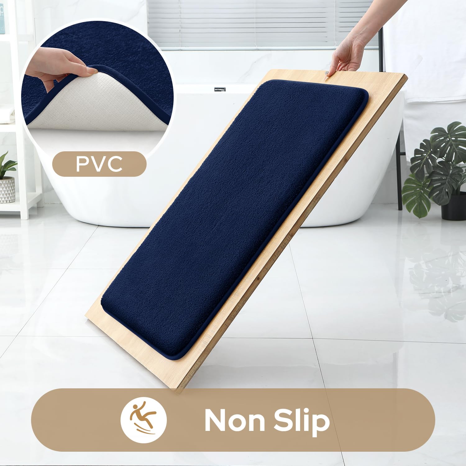 Homeideas Upgraded Bathroom Rugs Set 3 Piece, Extra Thick Absorbent Soft Memory Foam, Washable Toilet Bath Mat (Navy Blue,17''X2