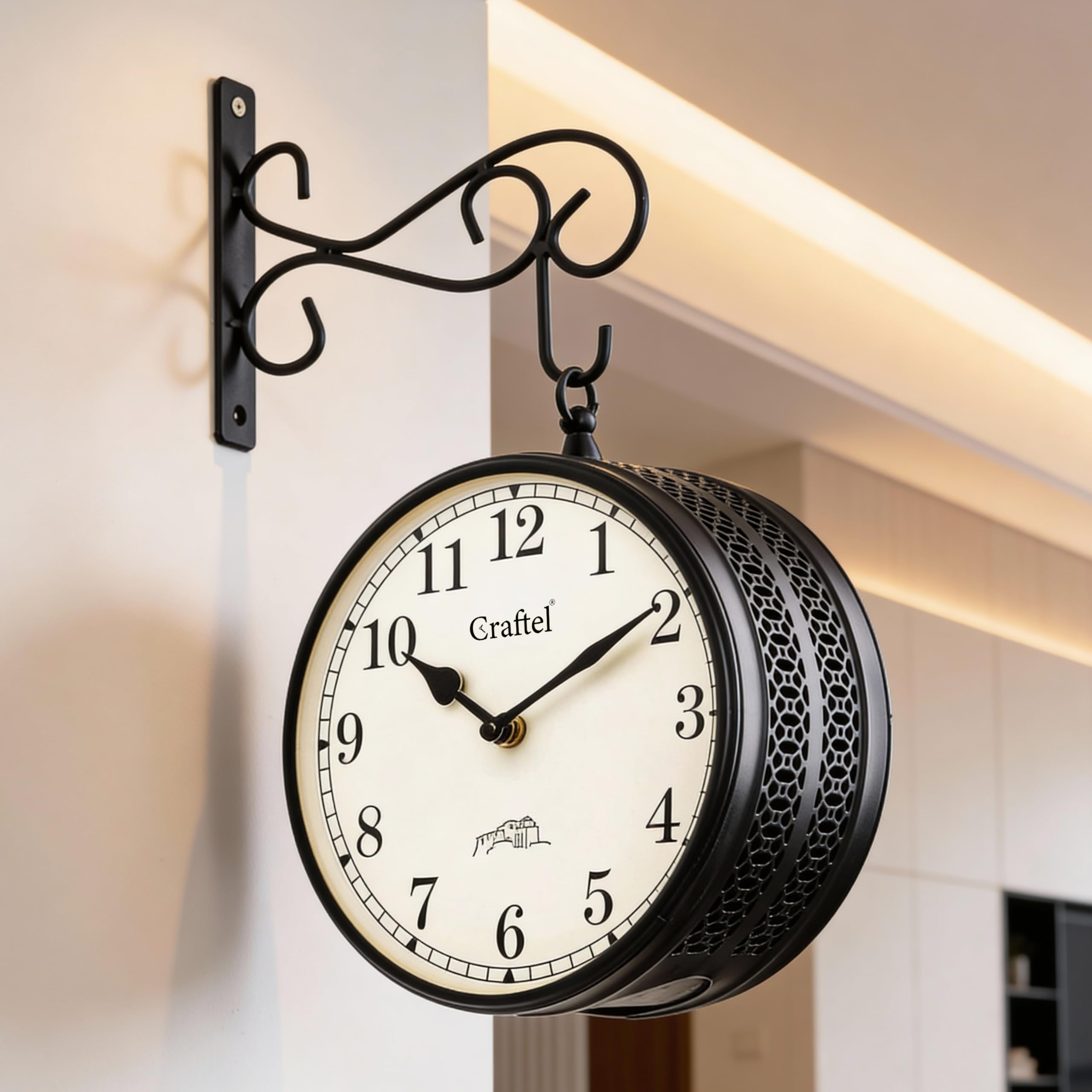 Craftel Metal Analog Double Sided Vintage English Roman Station Wall Clock With Brass In Dial (Dial - 8 Inches, Matte Black)