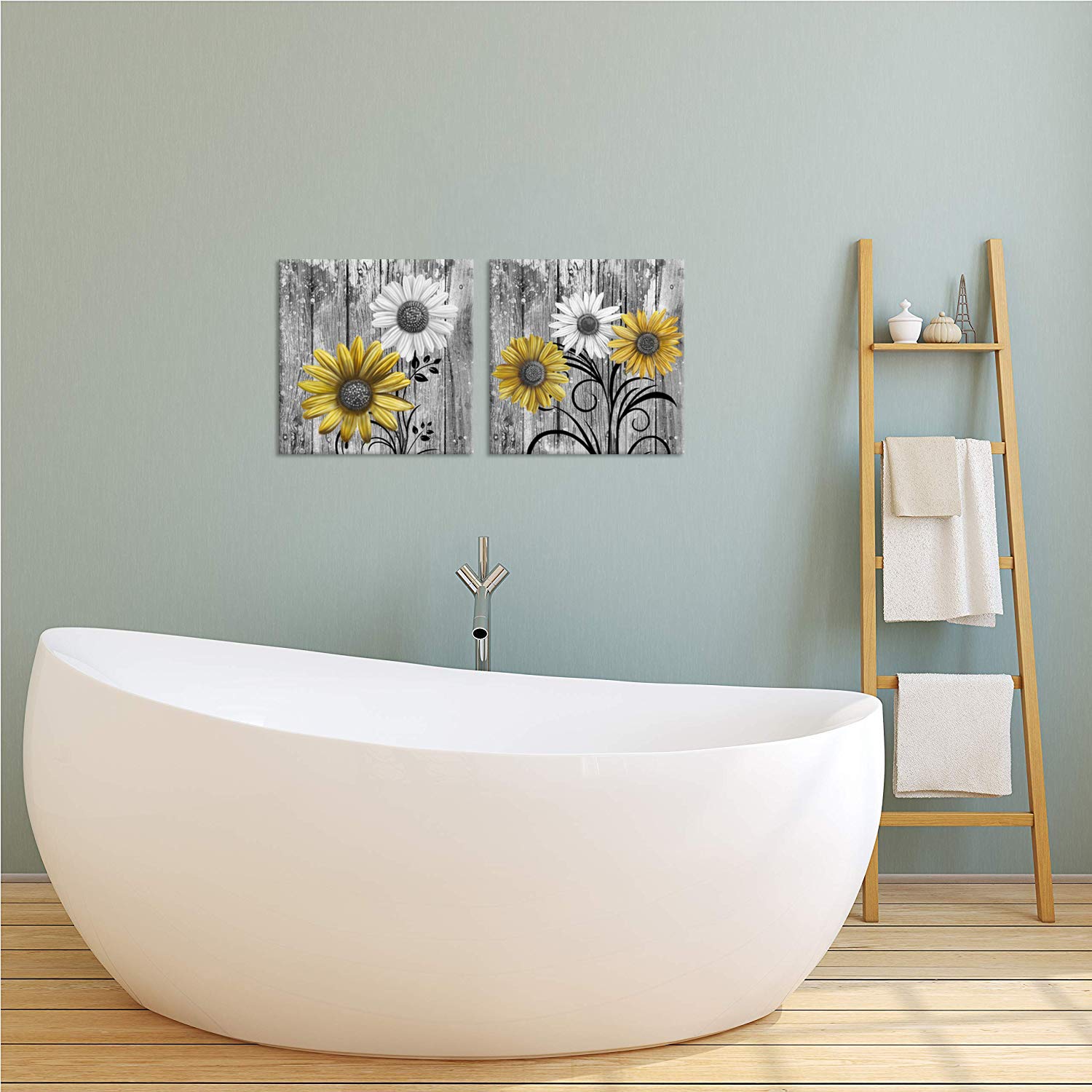 Ihappywall 2 Pieces Rustic Daisy Flowers Bathroom Picture Wall Decor Yellow And Grey Artwork For Bedroom Living Room Farmhouse D