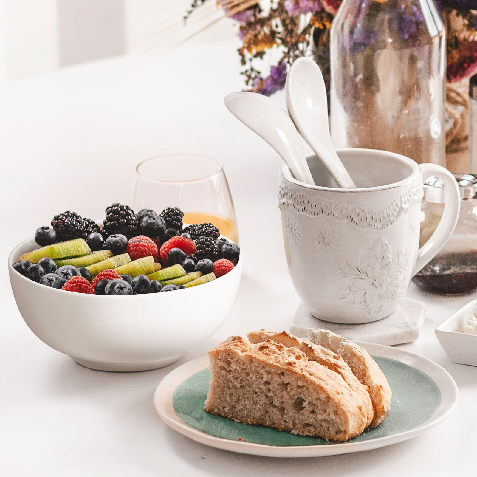 Artena Asian Soup Bowls With Spoons Set Of 4, 26 Oz Pasta, Ramen, Pho Bowls And Soup Spoons Set, Advanced Porcelain Elegant Whit