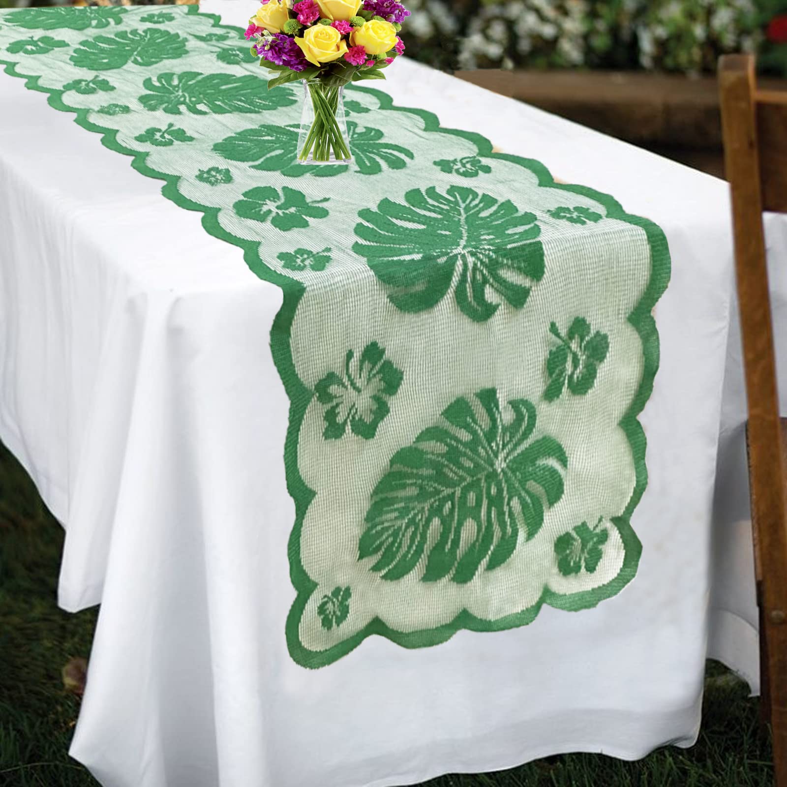 Tropical Table Runner For Palm Leaves Party Decorations - Green Lace Table Runner For Luau Wedding, Hawaiian, Havana Nights, Saf