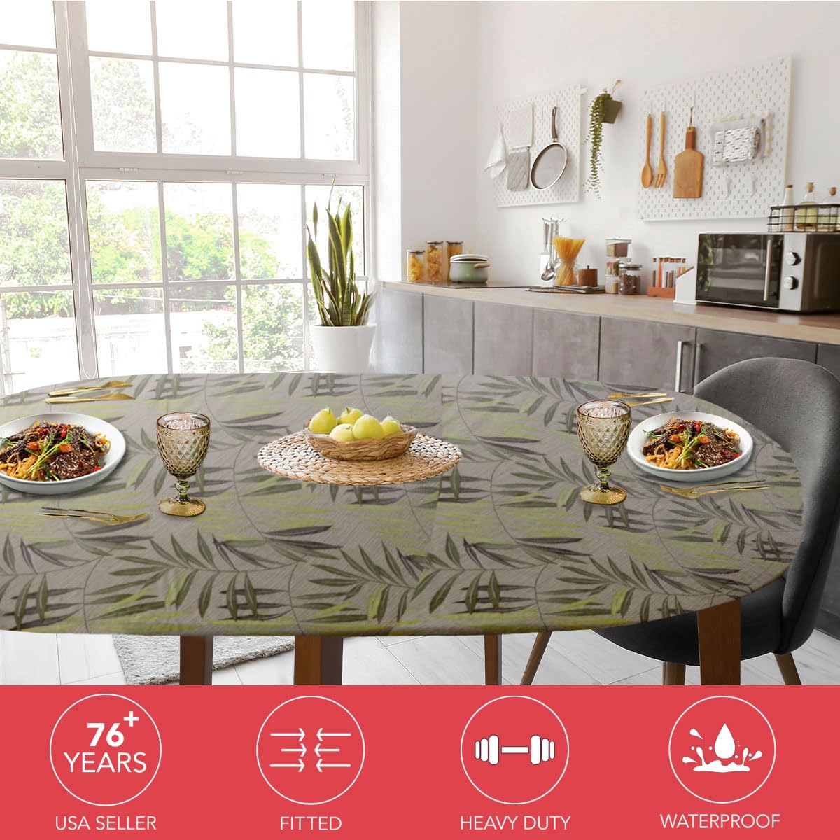 Covers For The Home Deluxe Elastic Edged Flannel Backed Vinyl Fitted Table Cover - Fern Pattern - Round Oblong Oval - Fits Table
