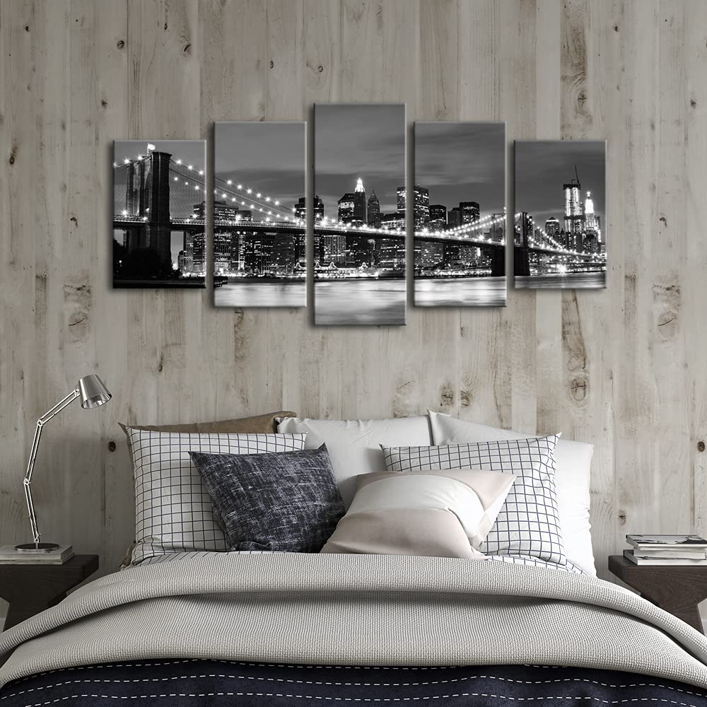 Wieco Art New York Brooklyn Bridge Canvas Wall Art Night View 5 Panels Modern Landscape Artwork Canvas Prints Abstract Pictures
