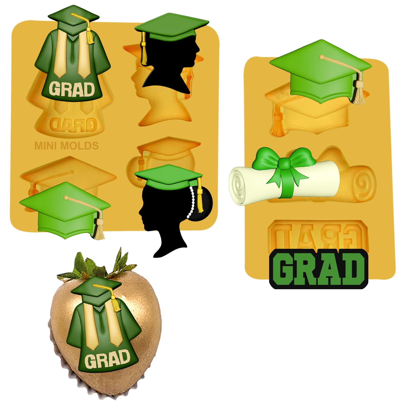 Mini Graduation Mold  2 pcs graduation Fondant mold & Chocolate Mold Set  Grad Cap, Silhouettes & Grad Text  for Cake Decorat