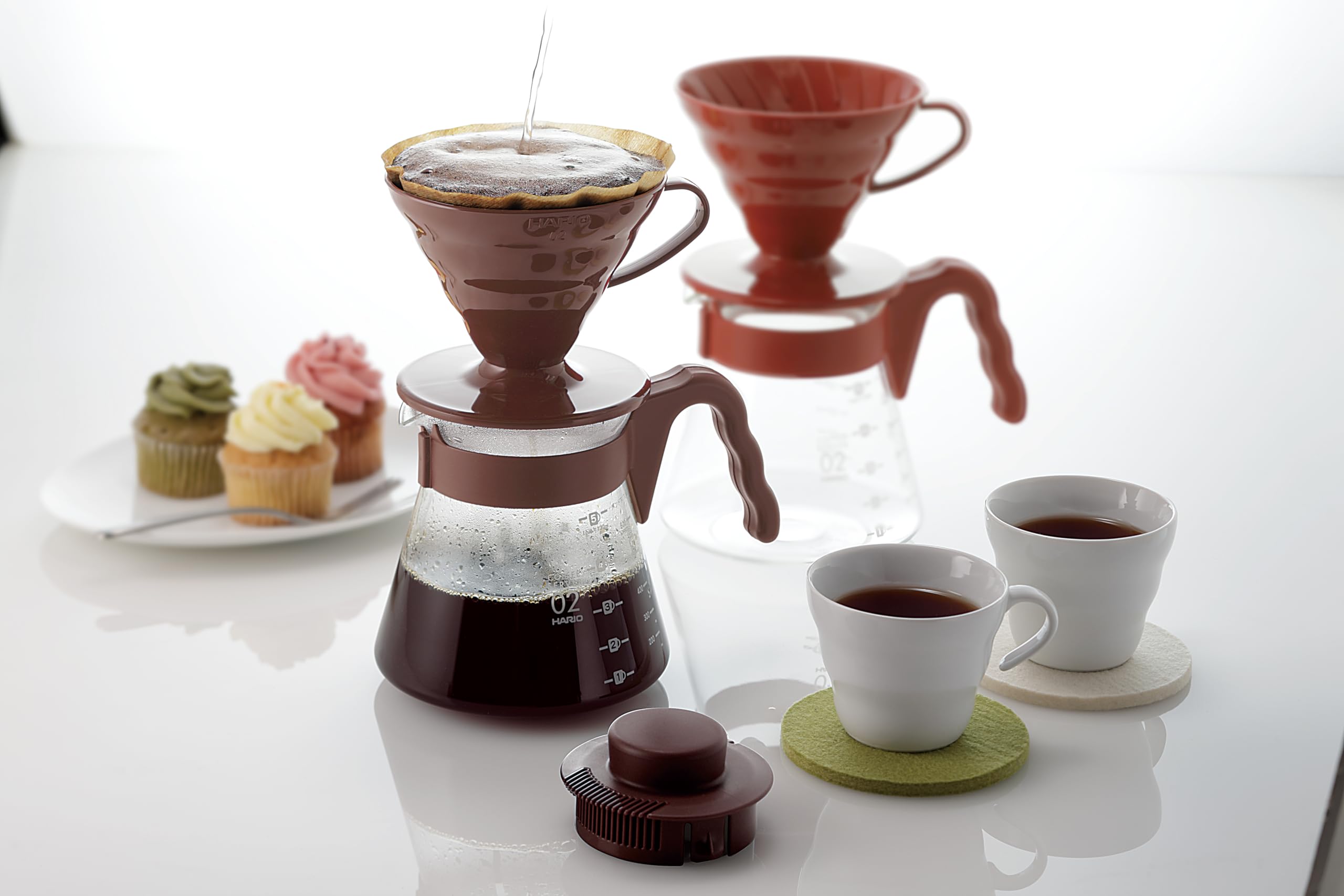 Hario V60 Pour Over Set - Dripper, Glass Server, Scoop, Filters, Size 02, Brown