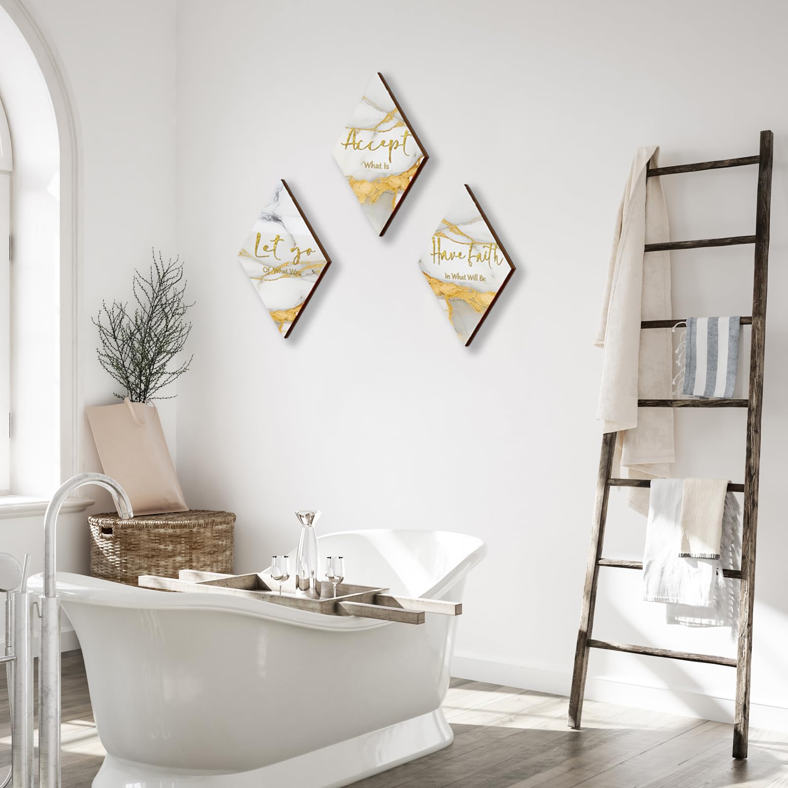 ONIZHITY 3 Pcs White Gold Bathroom Decor White Gold Wall Decor with Accept Let Go Have Faith Quote Rustic Vintage Farmhouse Wood