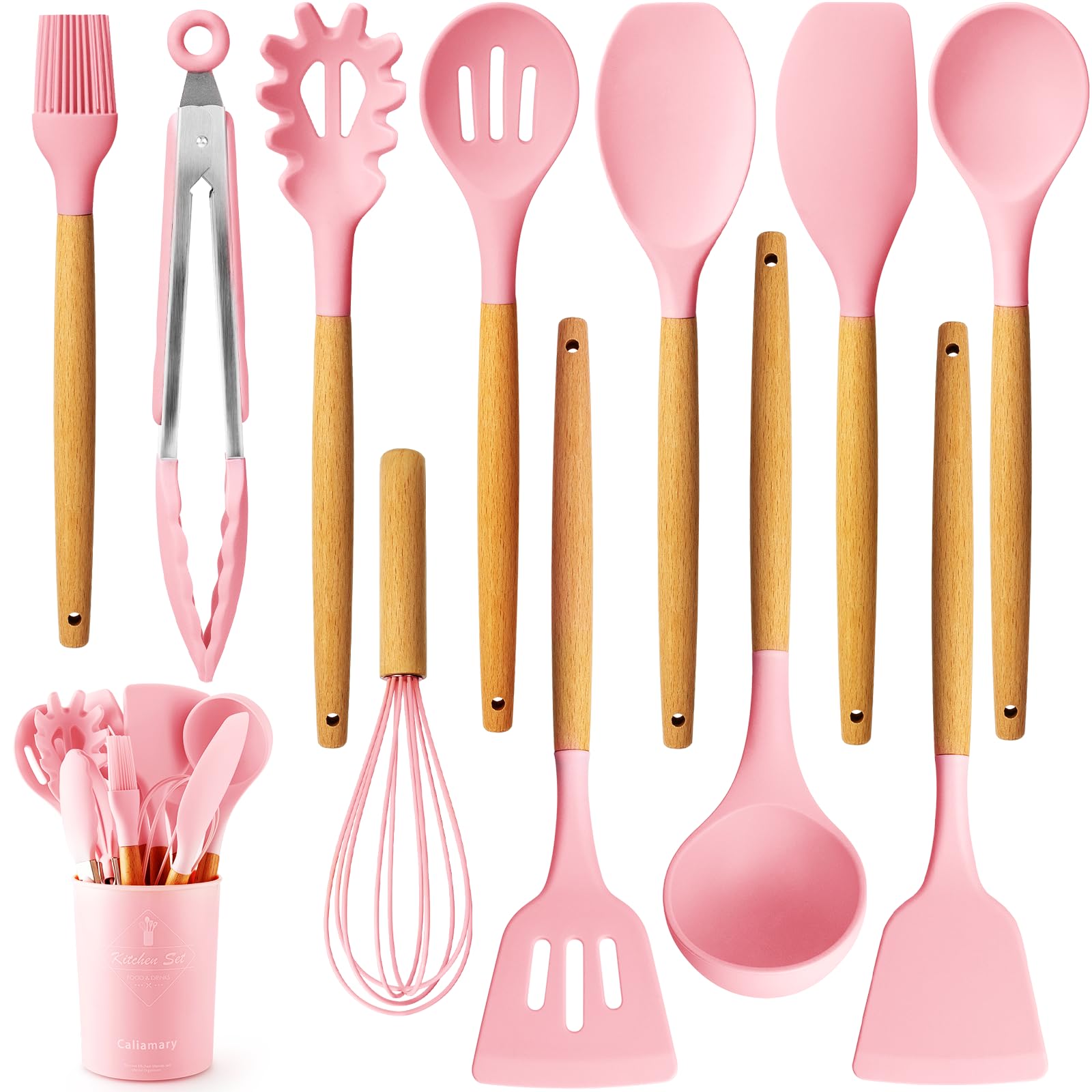 Caliamary Silicone Kitchen Utensil Set, 11 Pieces Cooking Utensil With Wooden Handles, Utensil Holder For Nonstick Cookware, Spo