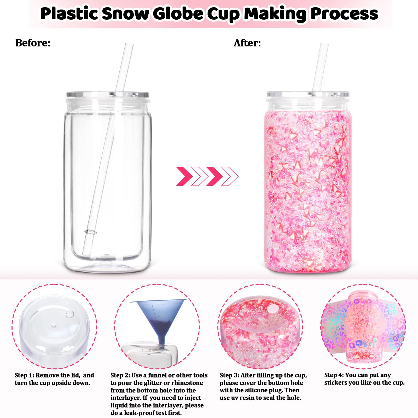 Tswofia 8 Pack plastic Snow Globe Tumbler, 16 Oz Double Wall Plastic Can with Lid and Straw, Plastic Mason Jar Mug for Snow Glob