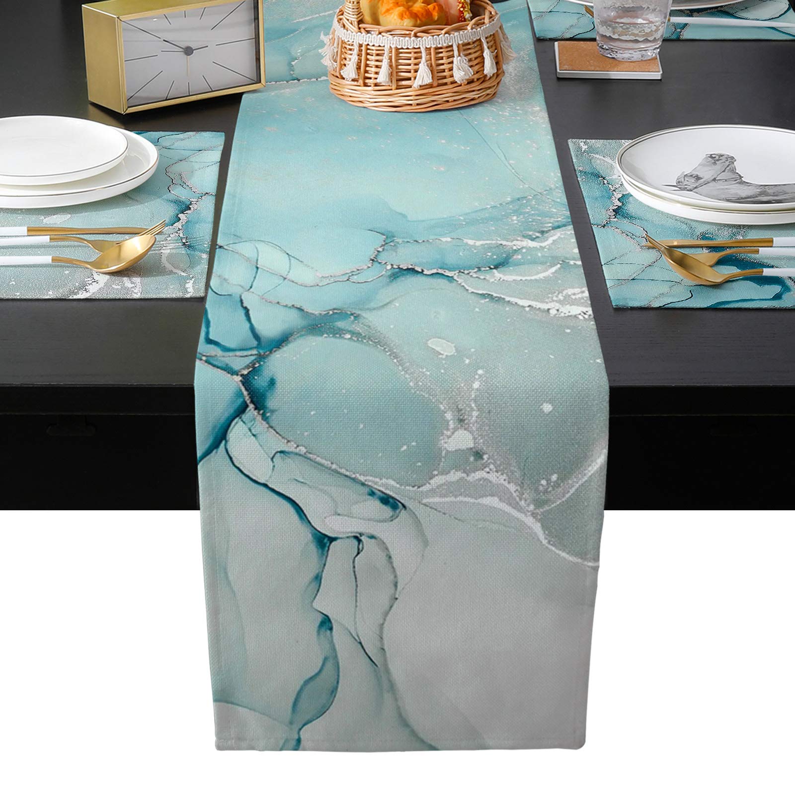 Blue Marble Table Runner 90 Inch And Place Mats Set Of 6 Green Gray Texture Cotton Linen Table Mats Set, Heat Insulation Washabl