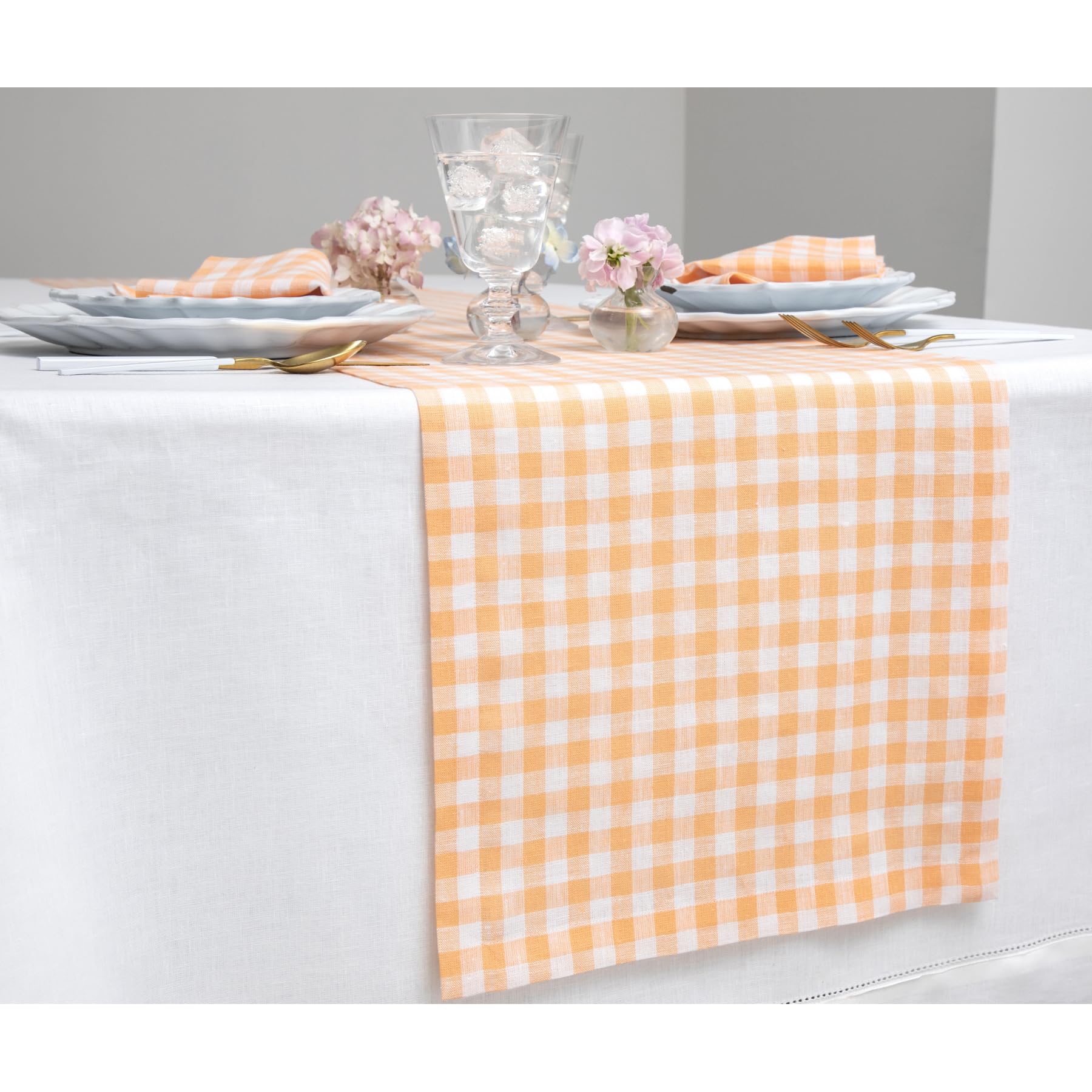Solino Home Check Linen Table Runner 72 Inches Long - 100% Pure Linen Sunny Orange Plaid Table Runner 14 X 72 Inch Ideal For Wed