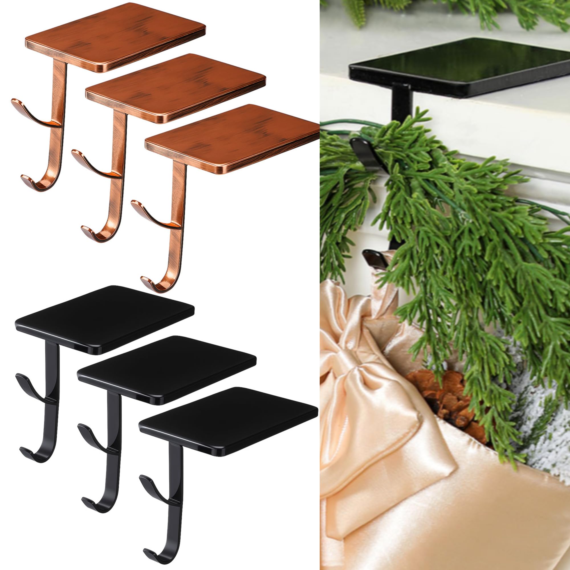 6 Pcs 2 in 1 Christmas Garland Hangers for Mantle Fireplace Stocking and Garland Hanger Two Hooks Durable Wrought Iron Metal Hol