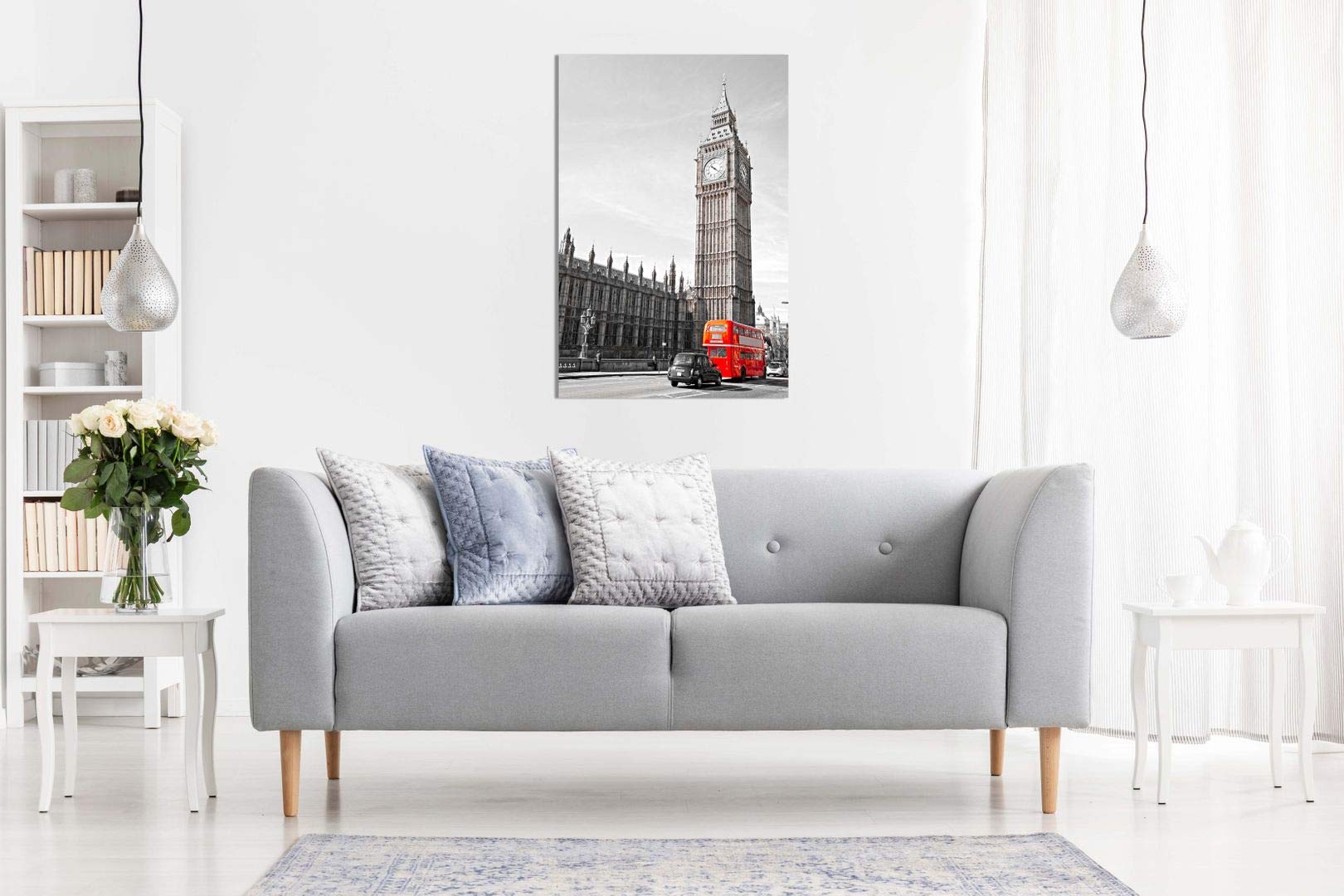 Big Ben London Bus Black White Red Home Canvas Wall Art Picture Print (36X24In)