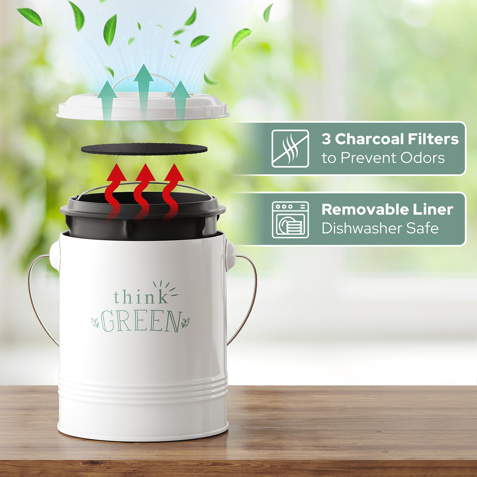 Barnyard Designs Compost Bin For Kitchen Counter - 1.2 Gallon Countertop Composter With Extra Smell-Absorbing Filters And Inner