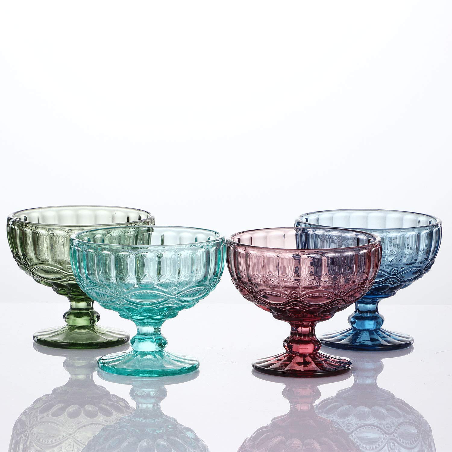 Vanenjoy Green Vintage Pressed Pattern Glass Ice Cream Cups/Dessert Bowls - Set Of 4,12 Oz